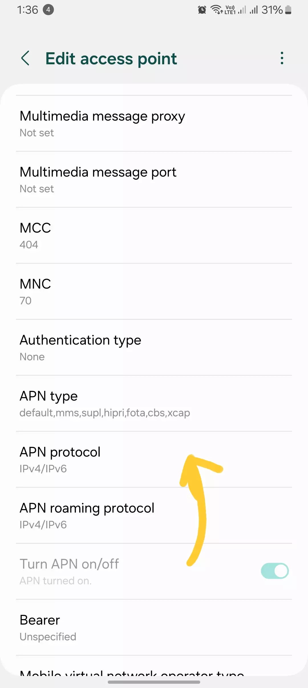 screenshot of apn type from the edit apn settings shown