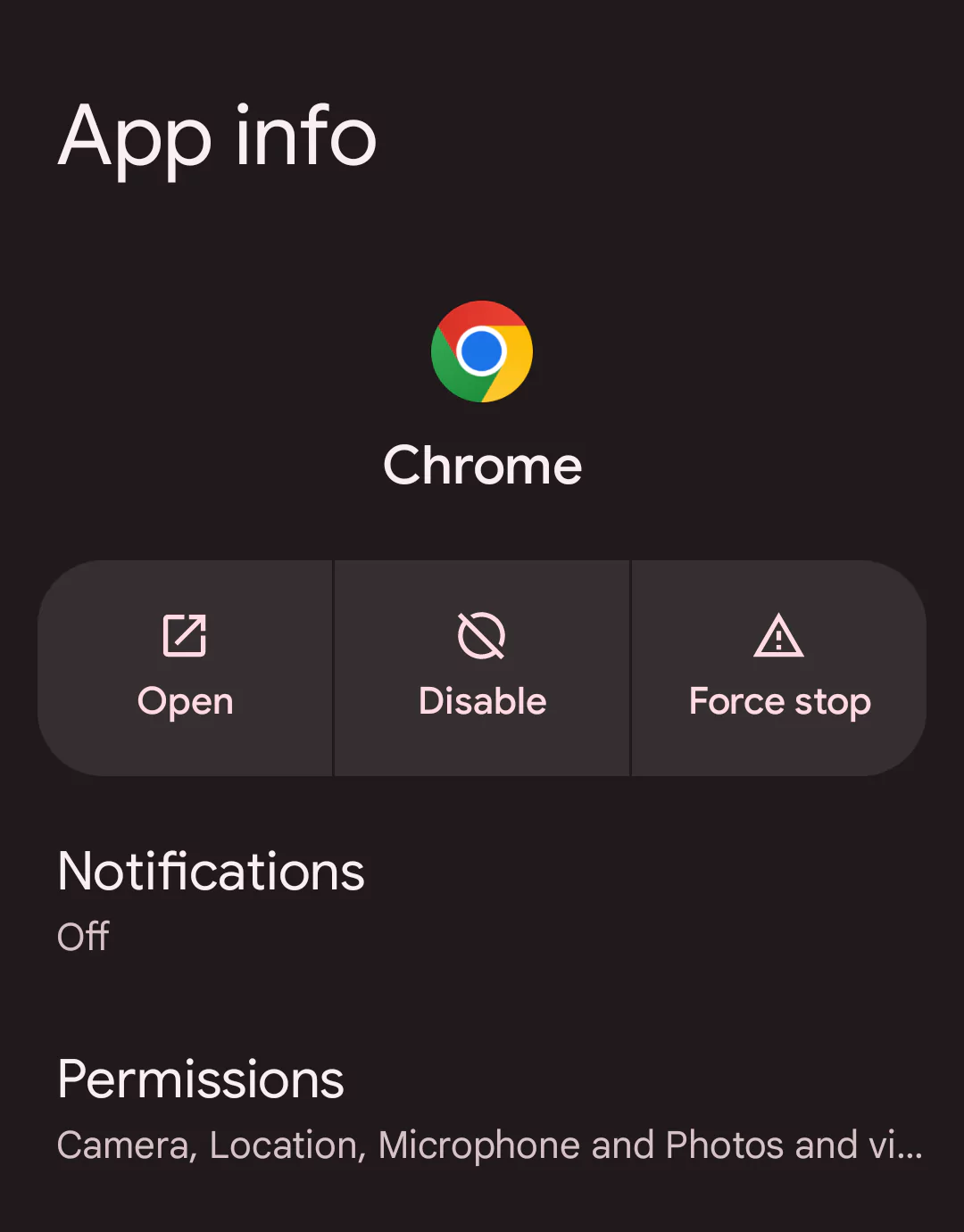 chrome app info from android with force stop