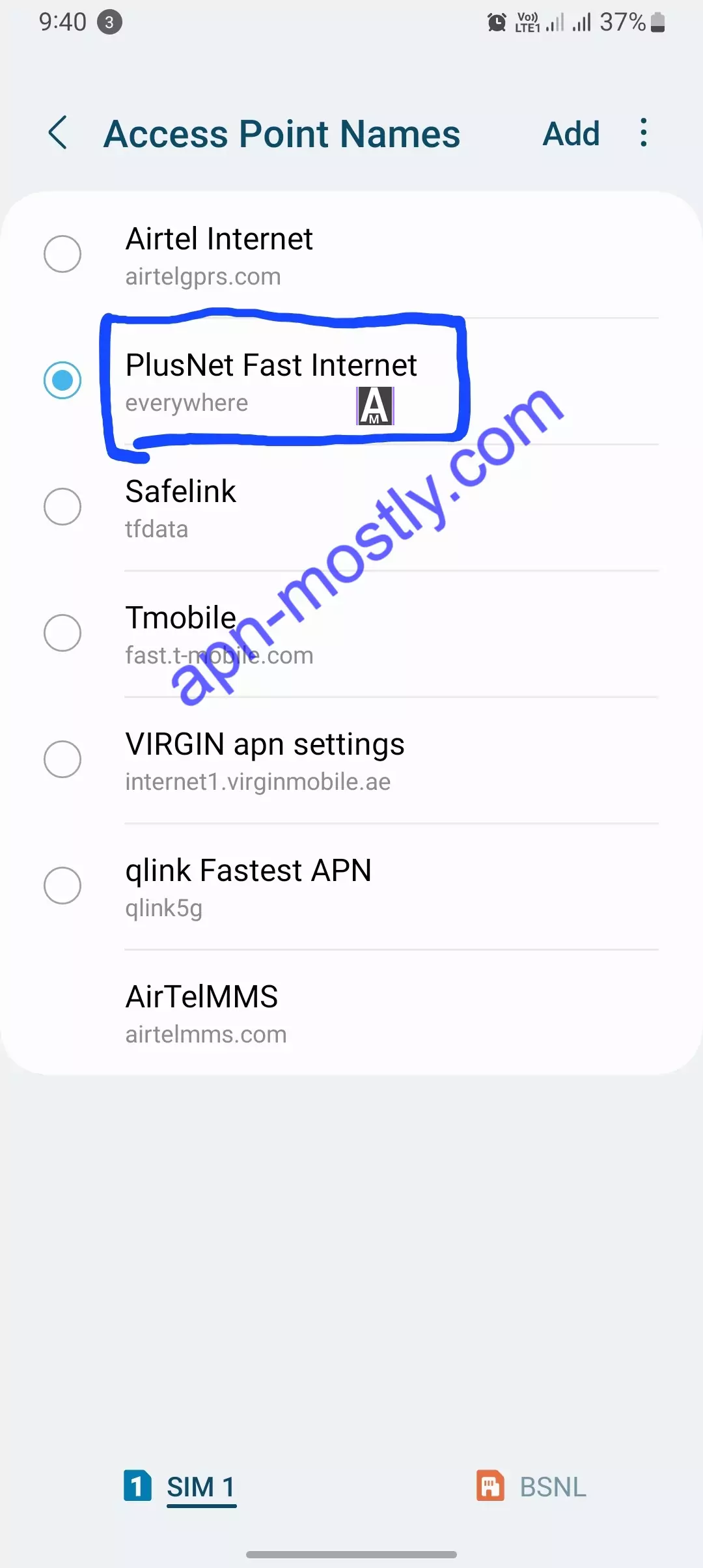 plusnet selected apn from settings