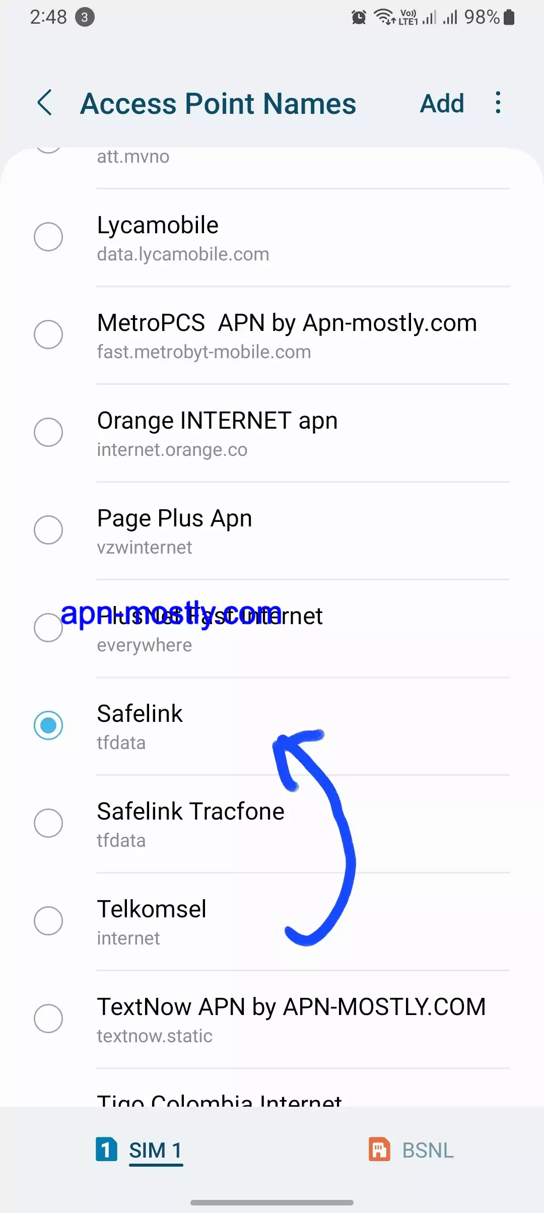 screenshot of selected safelink apn settings