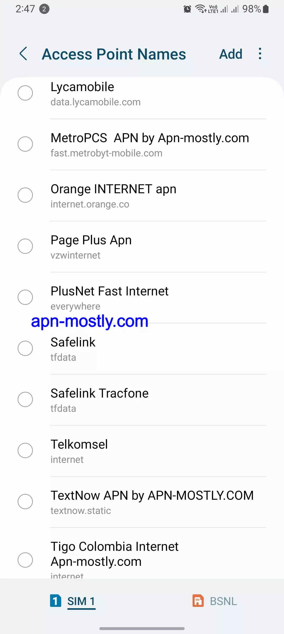 screenshot of selected safelink internet apn configuration