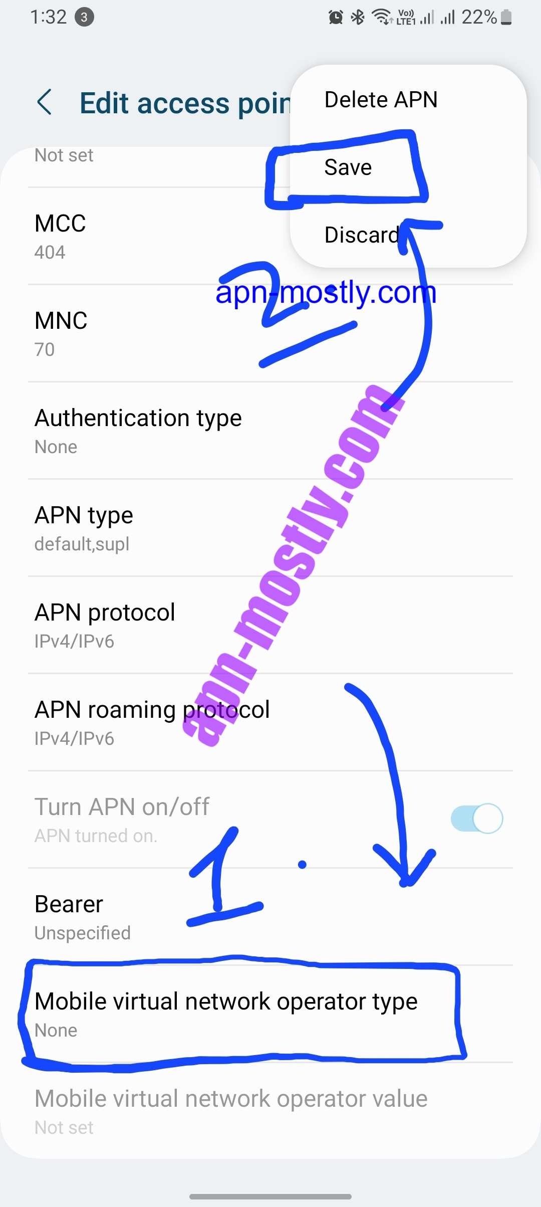 Screenshot of Mobile Virtual Network Operator (MVNO) Type saving in apn