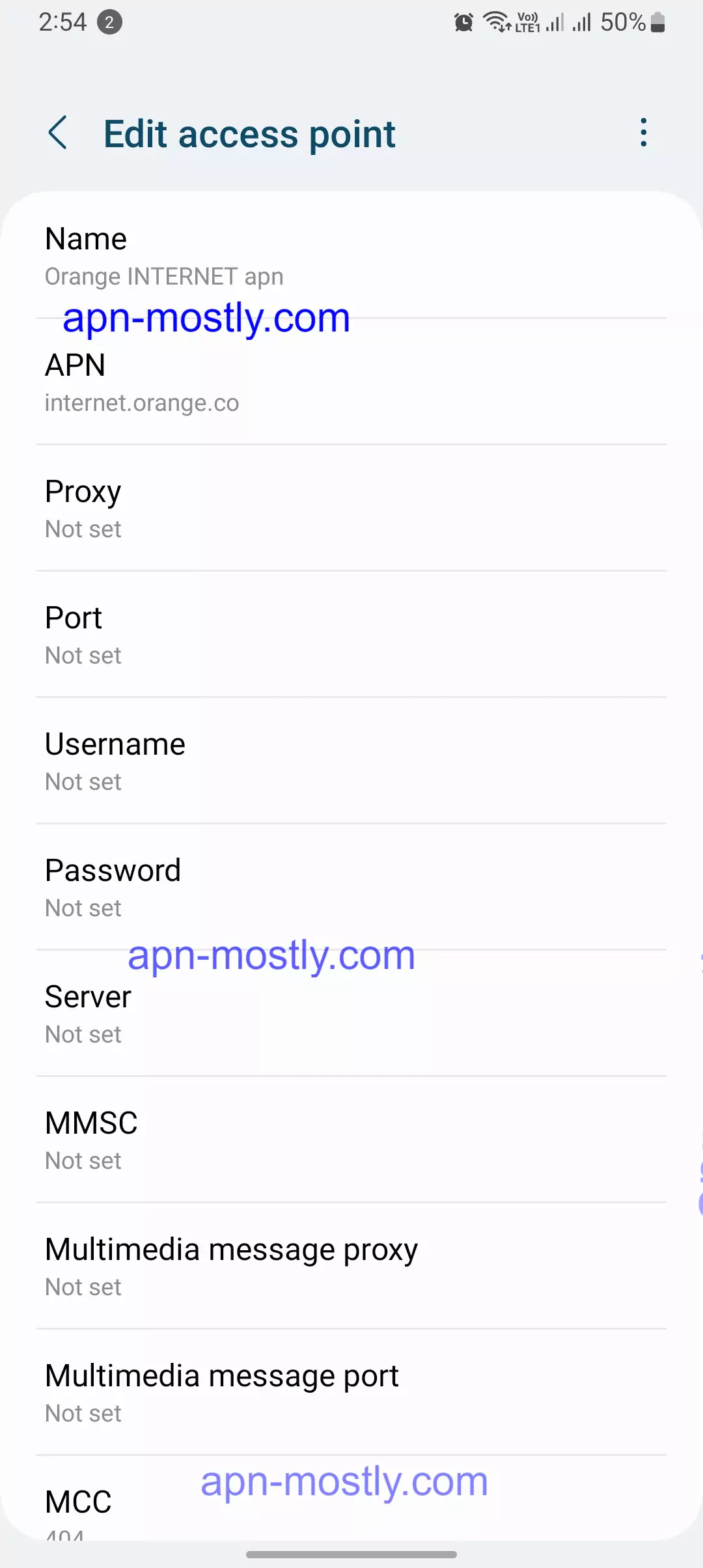 another internet configuration for orange apn