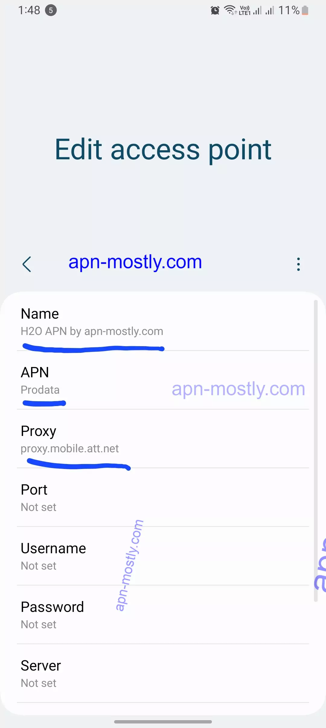 edit access point menu with H2O APN highlighted