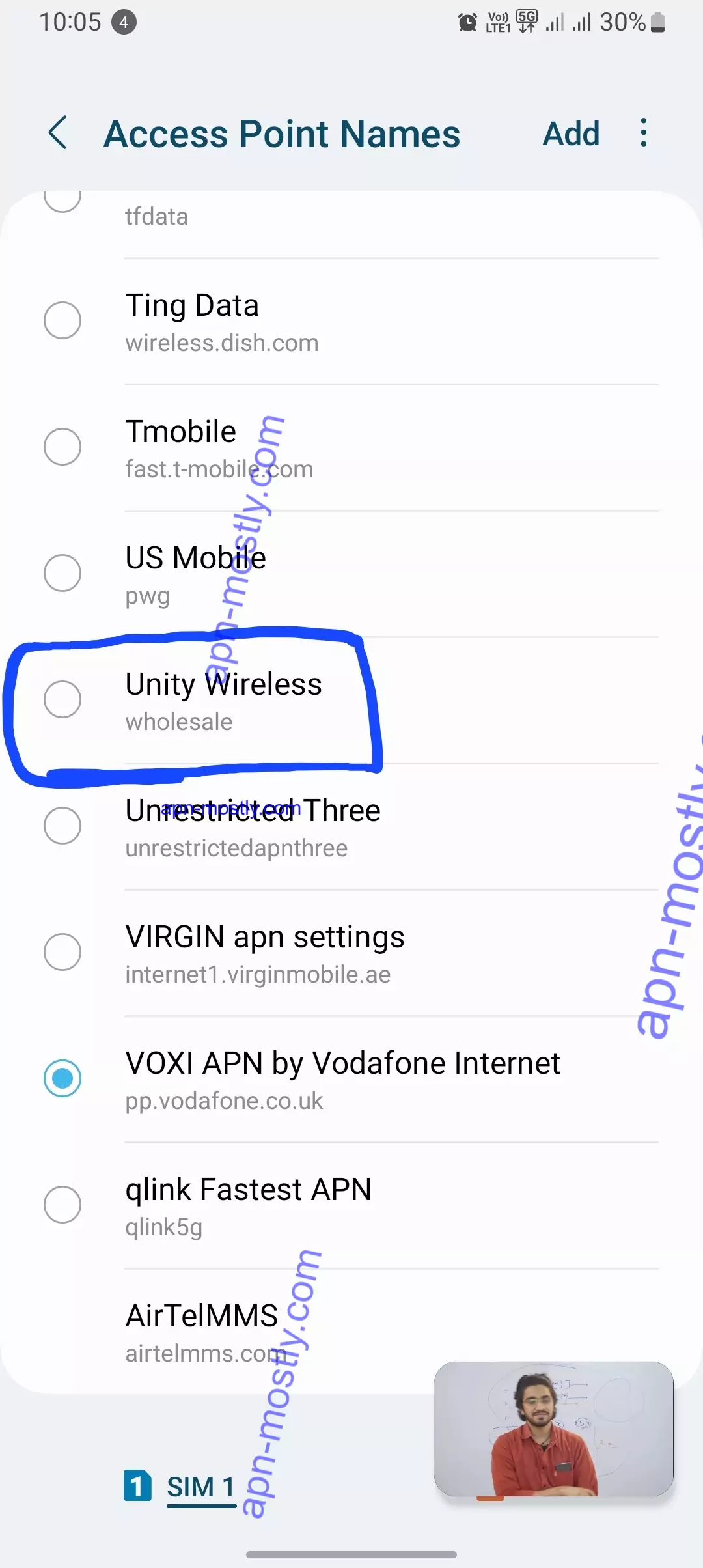 highlighted Unity Wireless APN screenshot