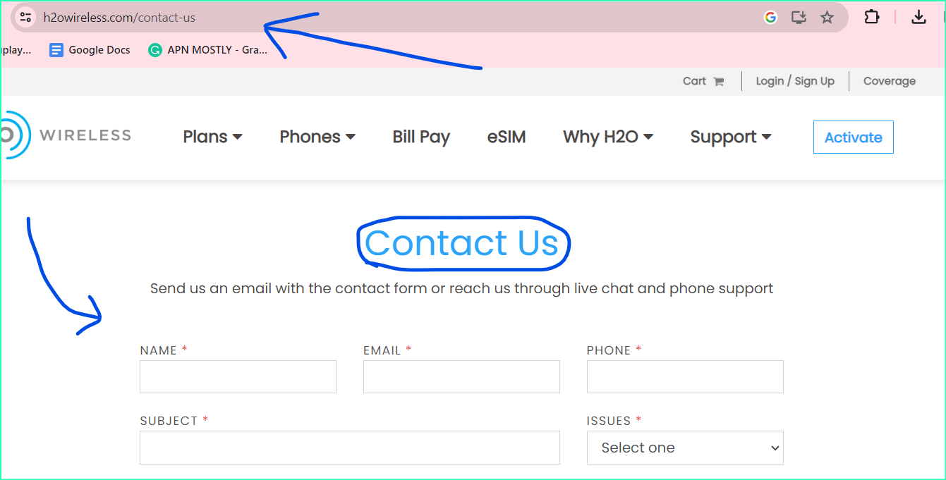 h2o wireless contact page screencapture