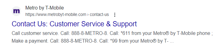 metrobttmobile contact page in google search cropped screenshot