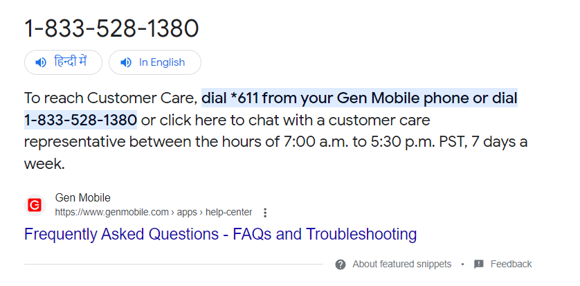 screenshot of gen mobile contact number and details