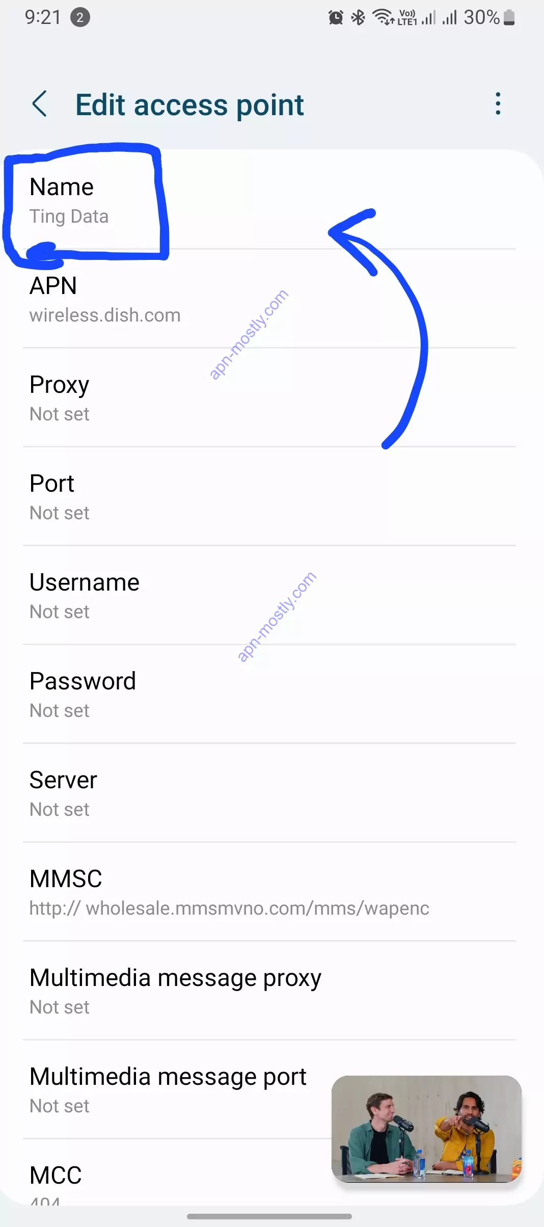 name of ting mobile edit access point highlighted