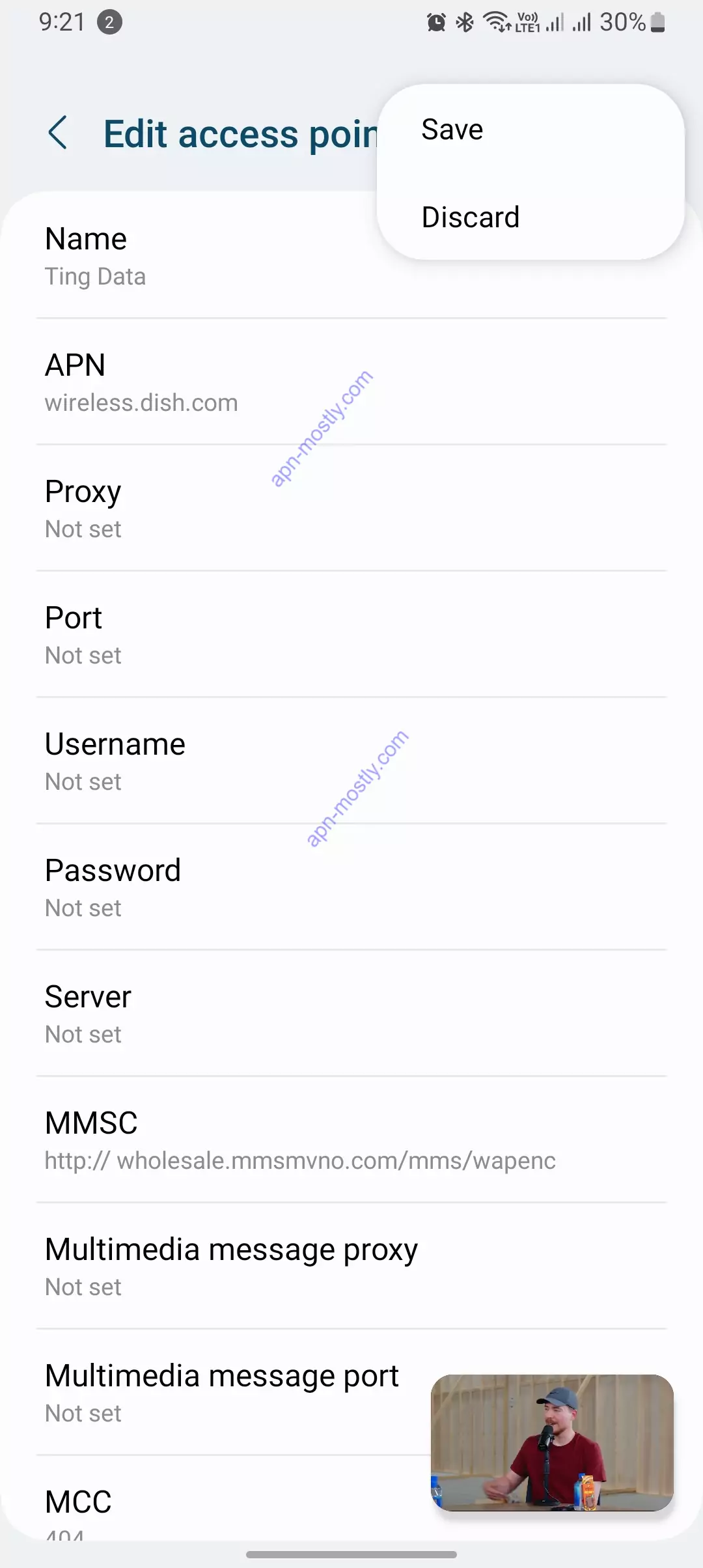 save button for ting mobile internet settings