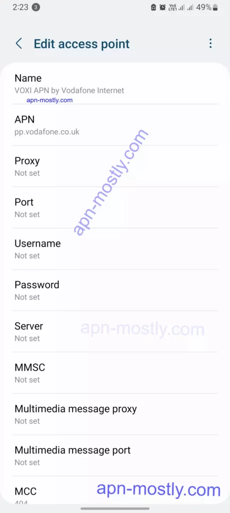 voxi apn configuration screenshot