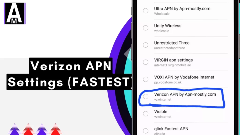 screenshot highlighted with overlay text of verizon apn fastest