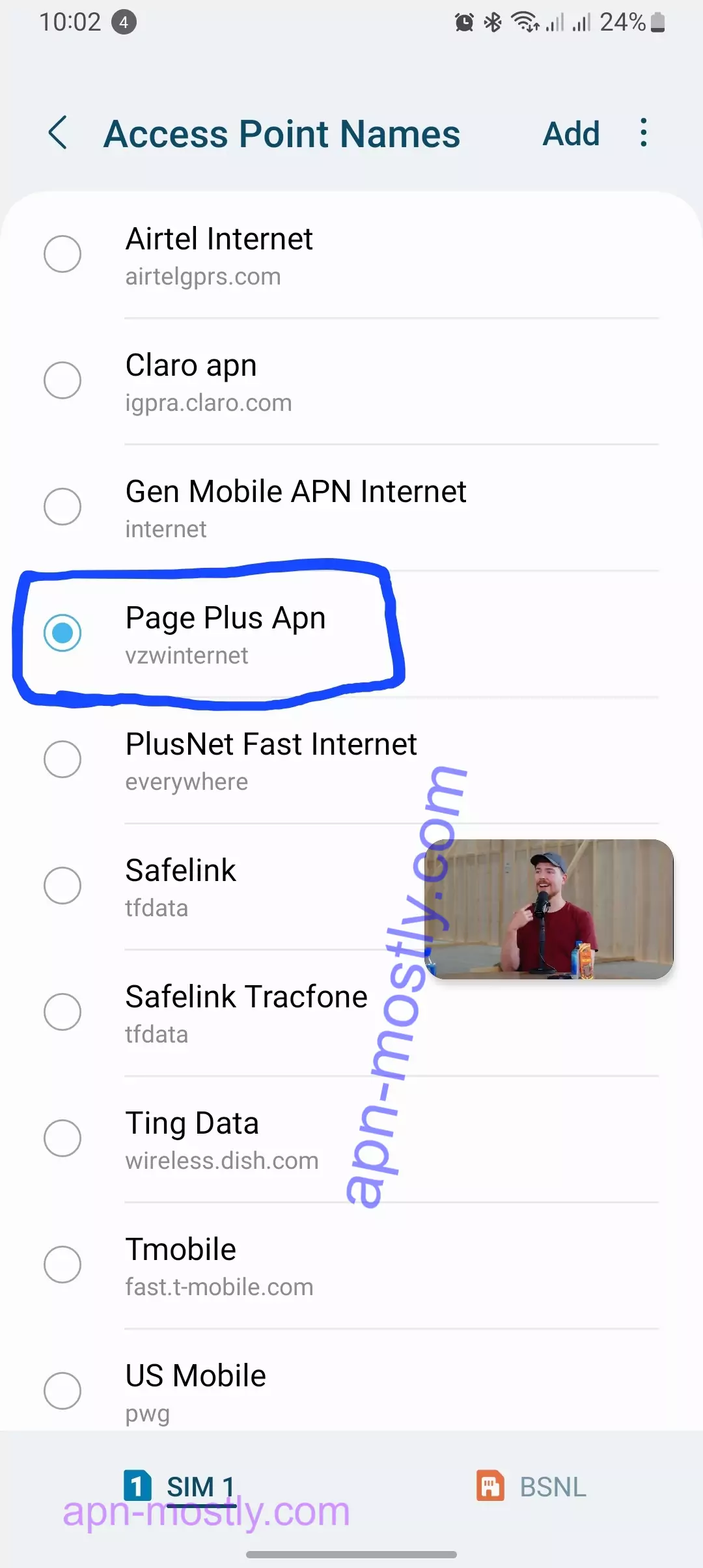 screenshot of pageplus apn highlighted in blue circle