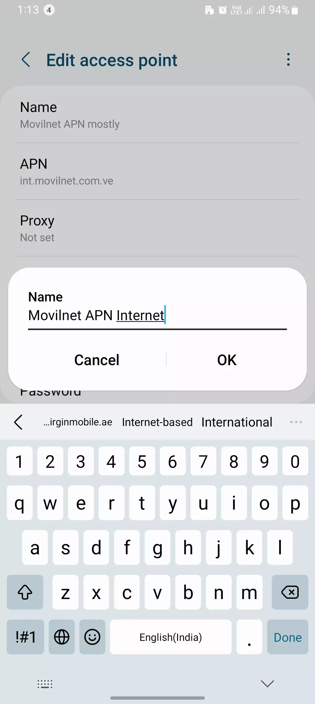 apn internet for the movilnet screenshot