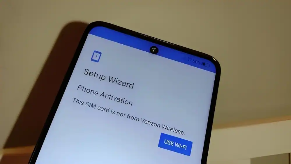 image of a device with overlay text steup wizard sim is not from verizon wireless