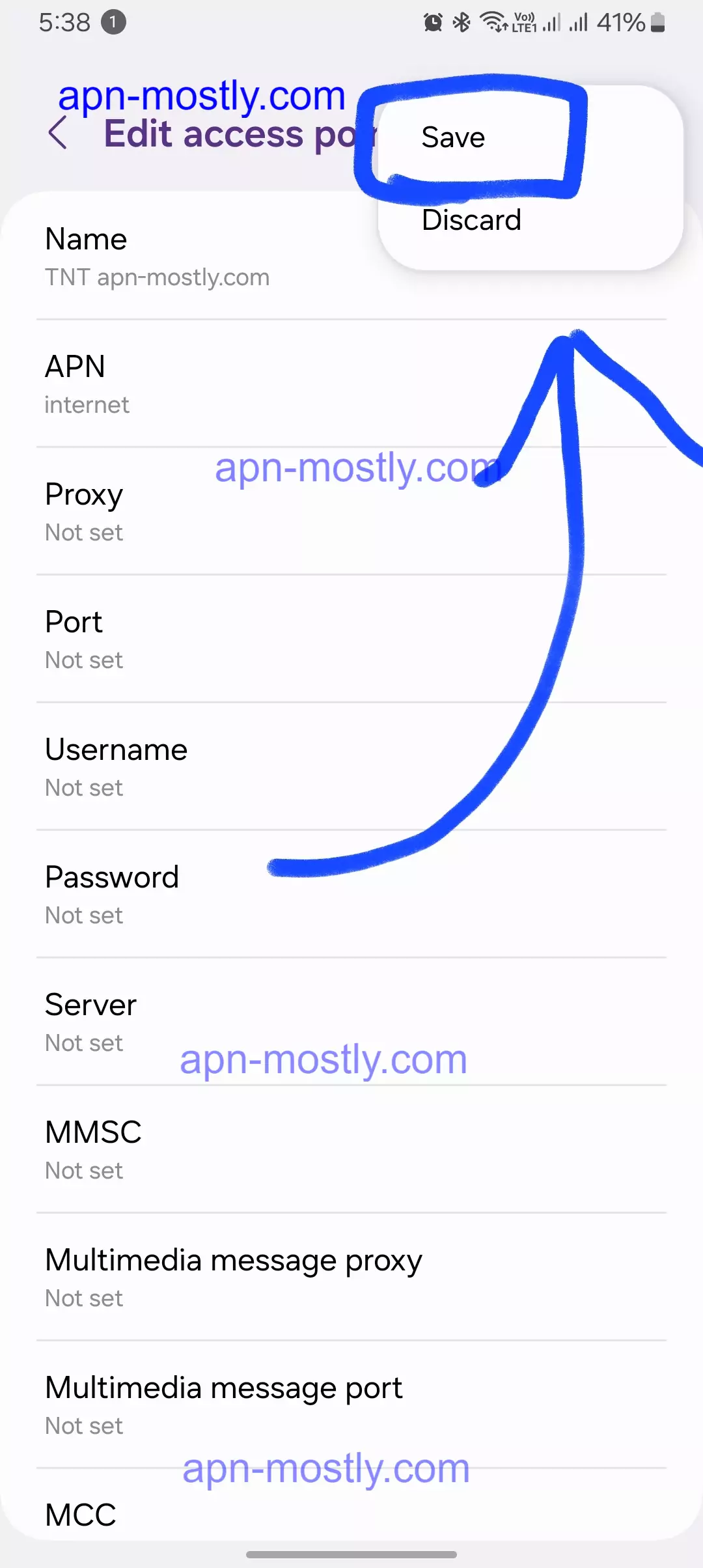 saving the APN settings for TNT highlighted screenshot
