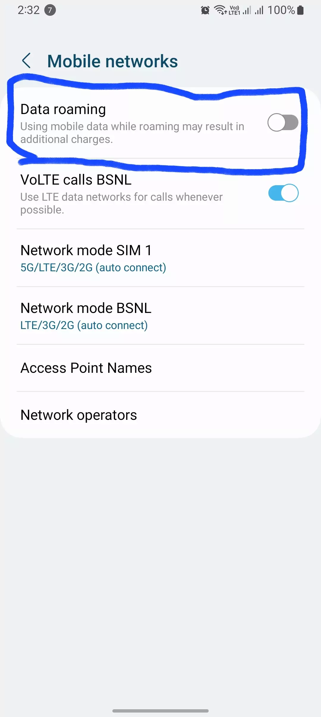 mobile network settings screenshot with highlighted data roaming turned off