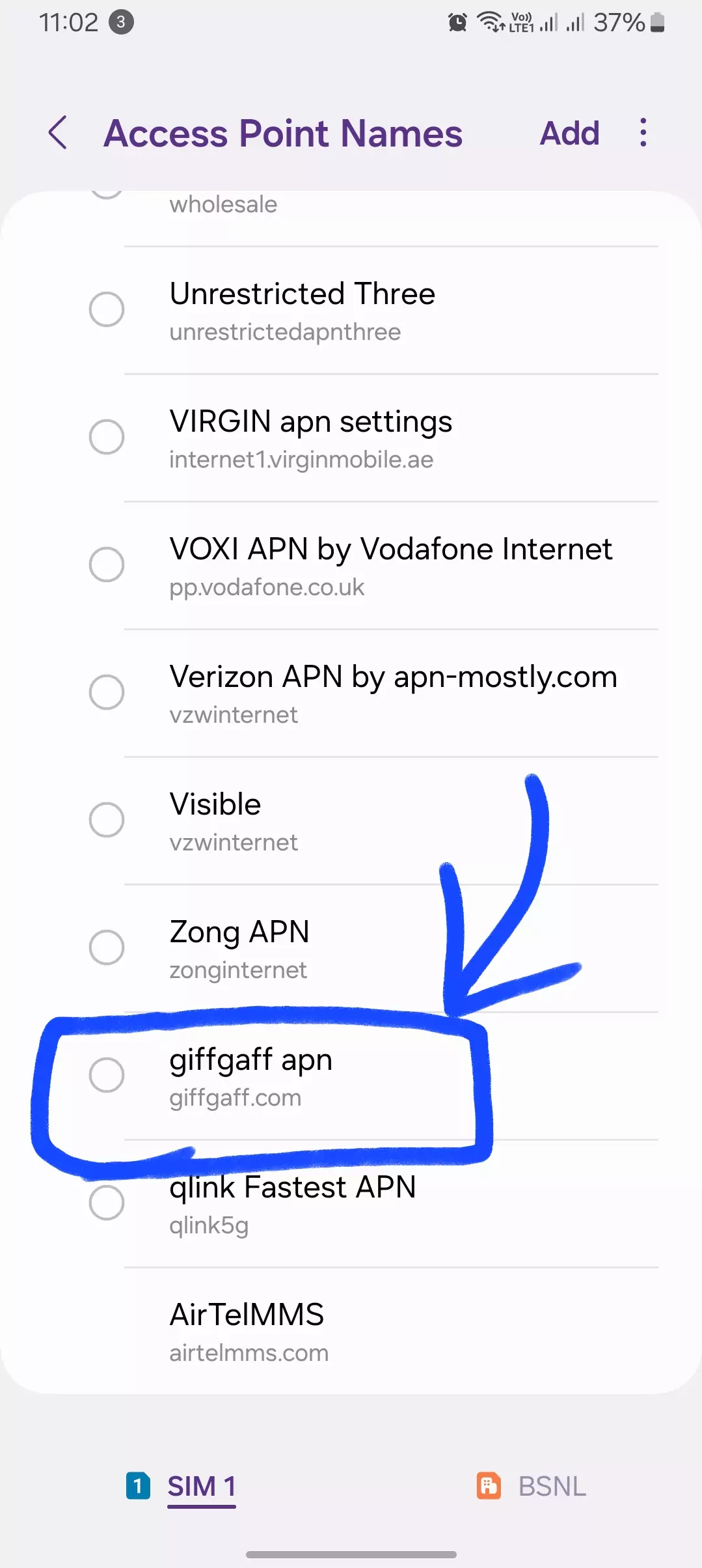 highlighted giffgaff apn