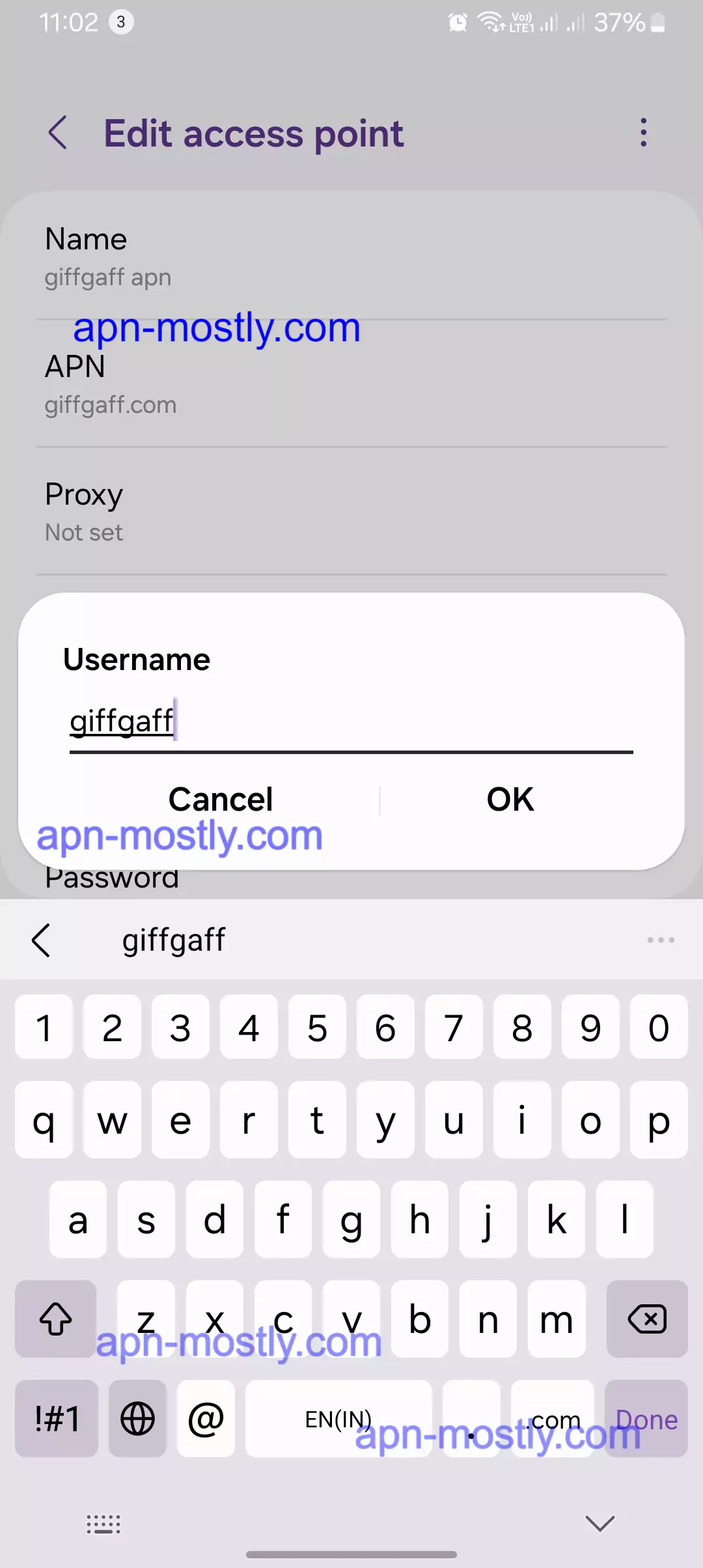 adding the username for giffgaff