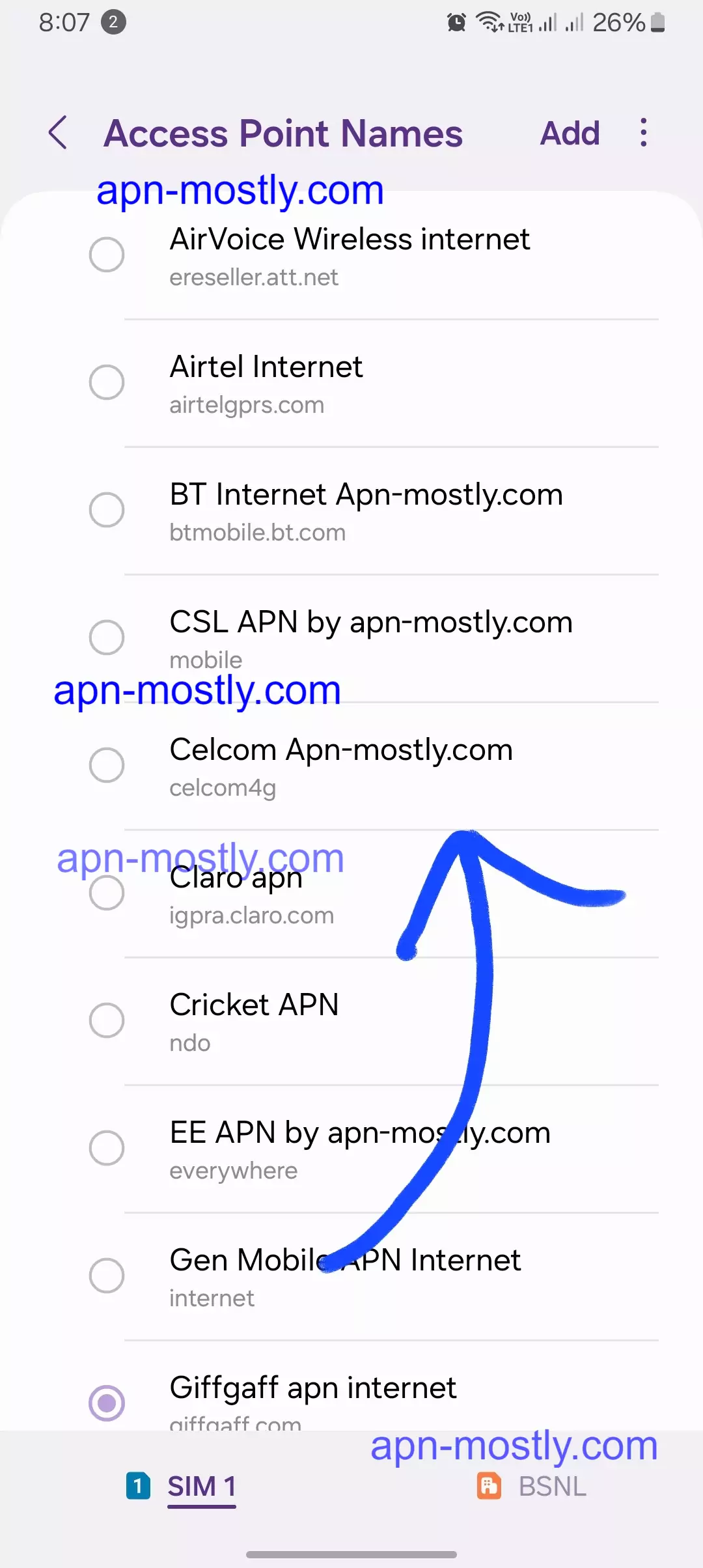 all apn settings listed with celcom apn highlighted