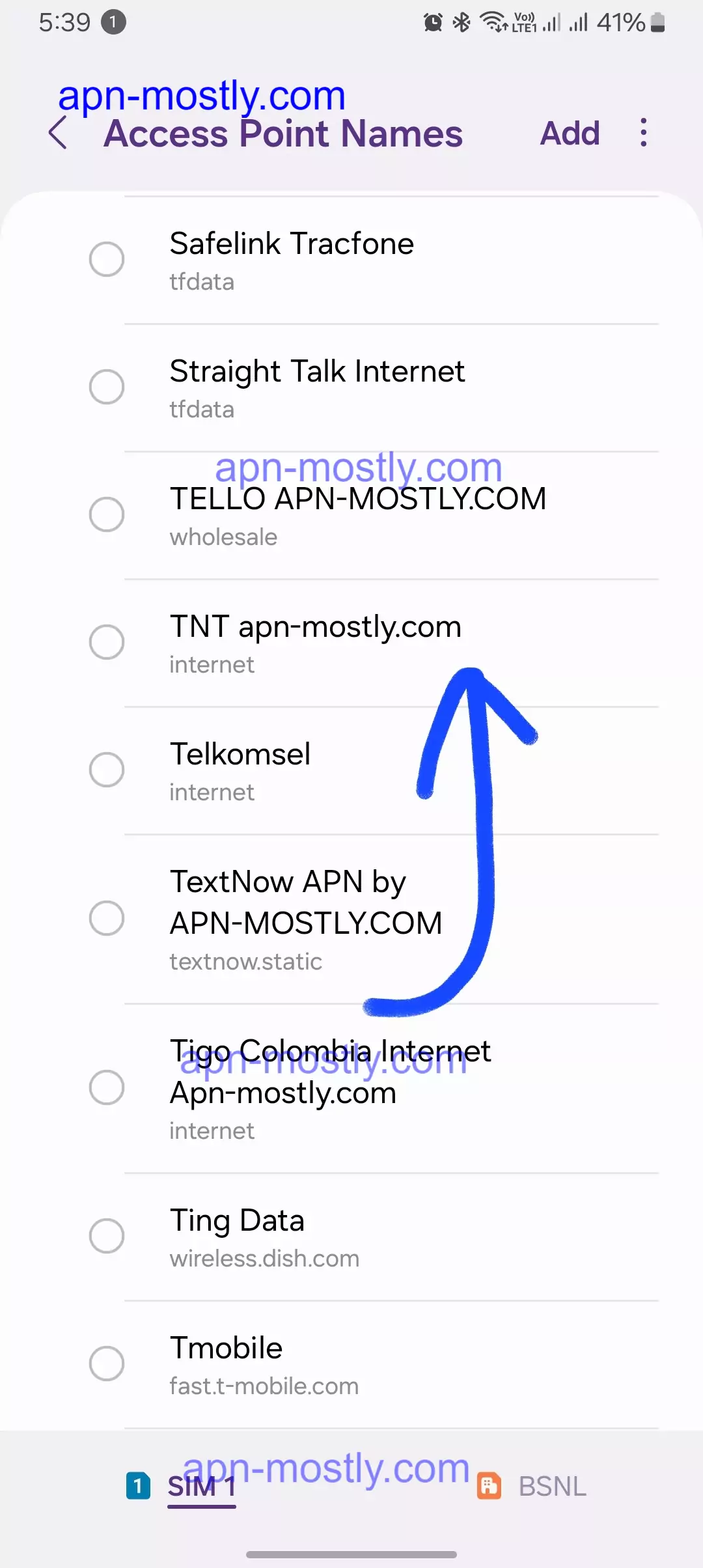 highlighted tnt apn from all other apns