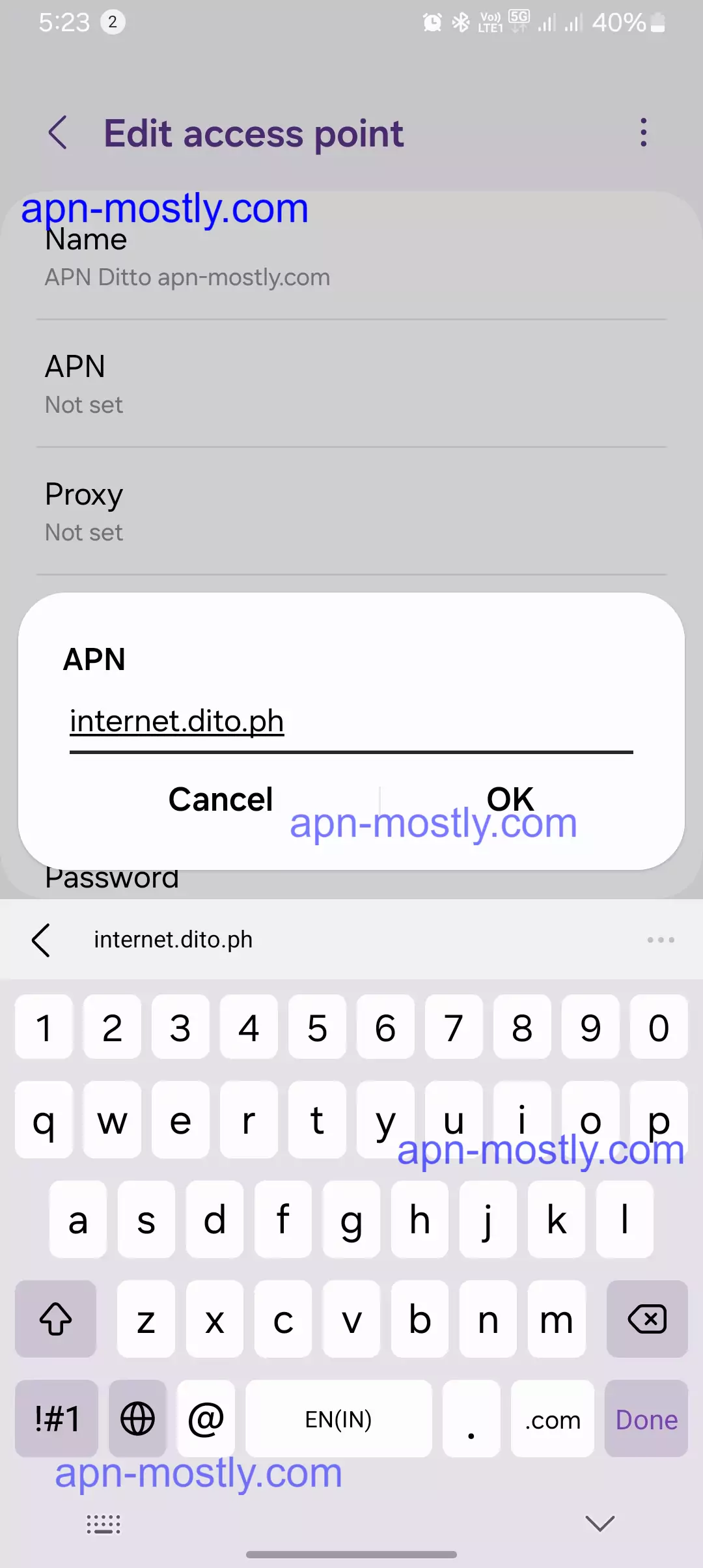 screenshot of adding the APN for dito internet