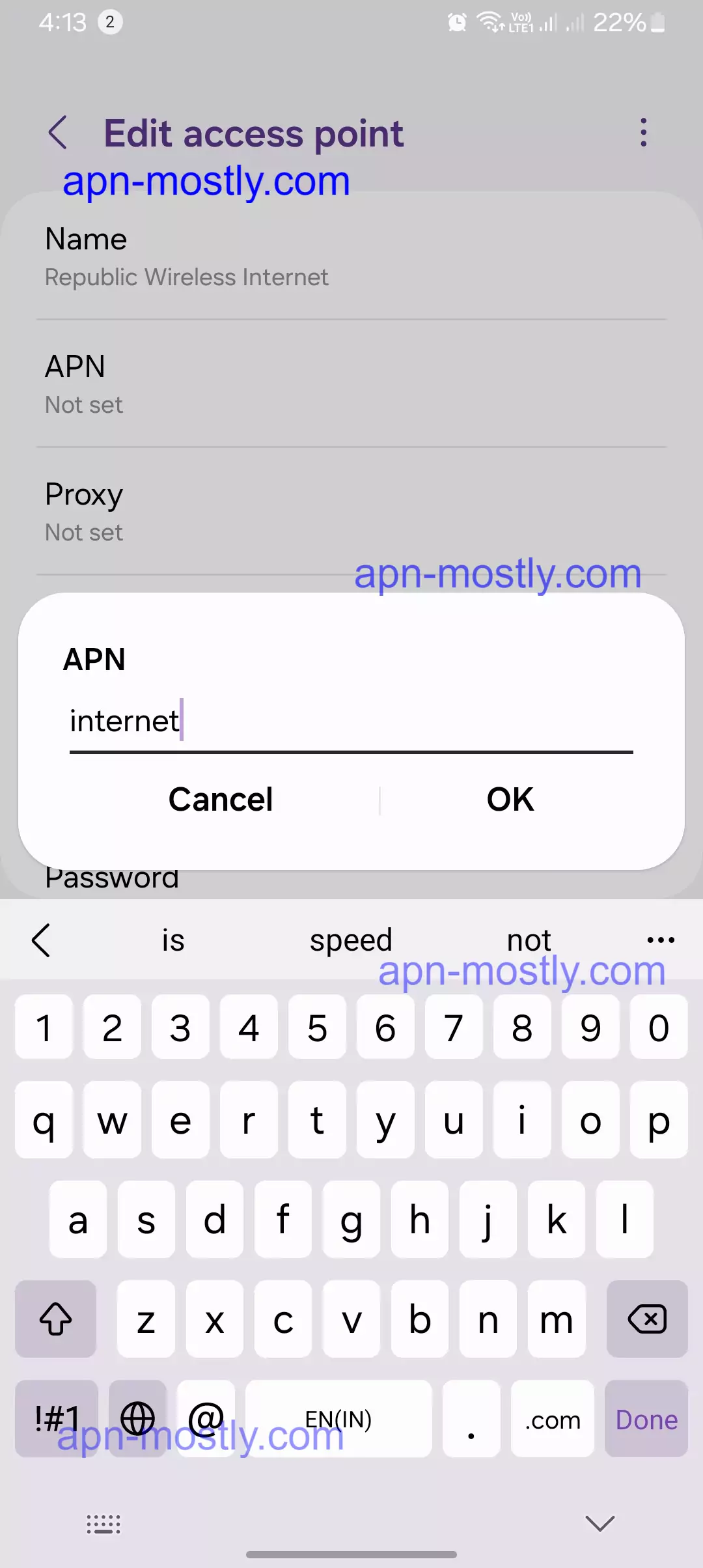 screenshot of adding apn 'internet' for republic