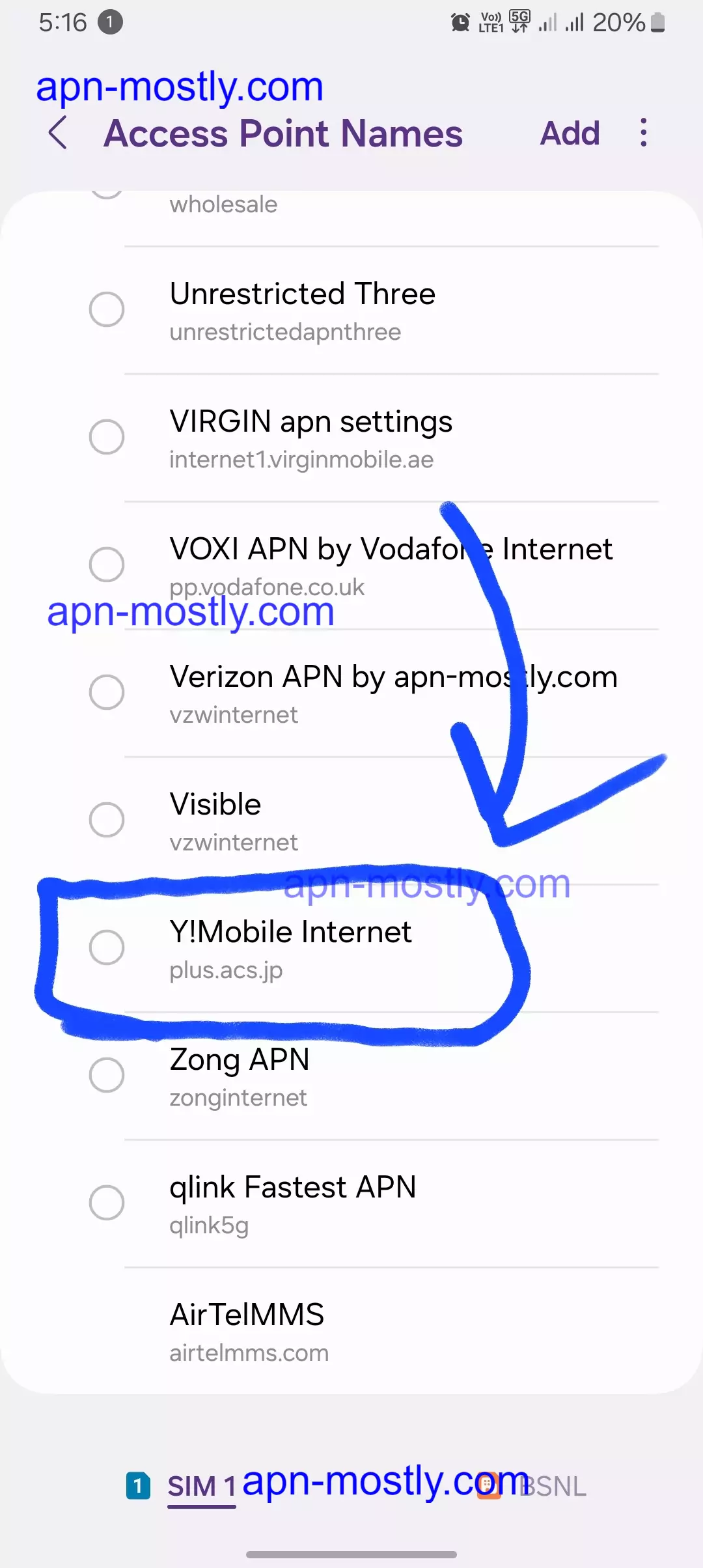 screenshot of all apn listed with ymobile apn highlighted