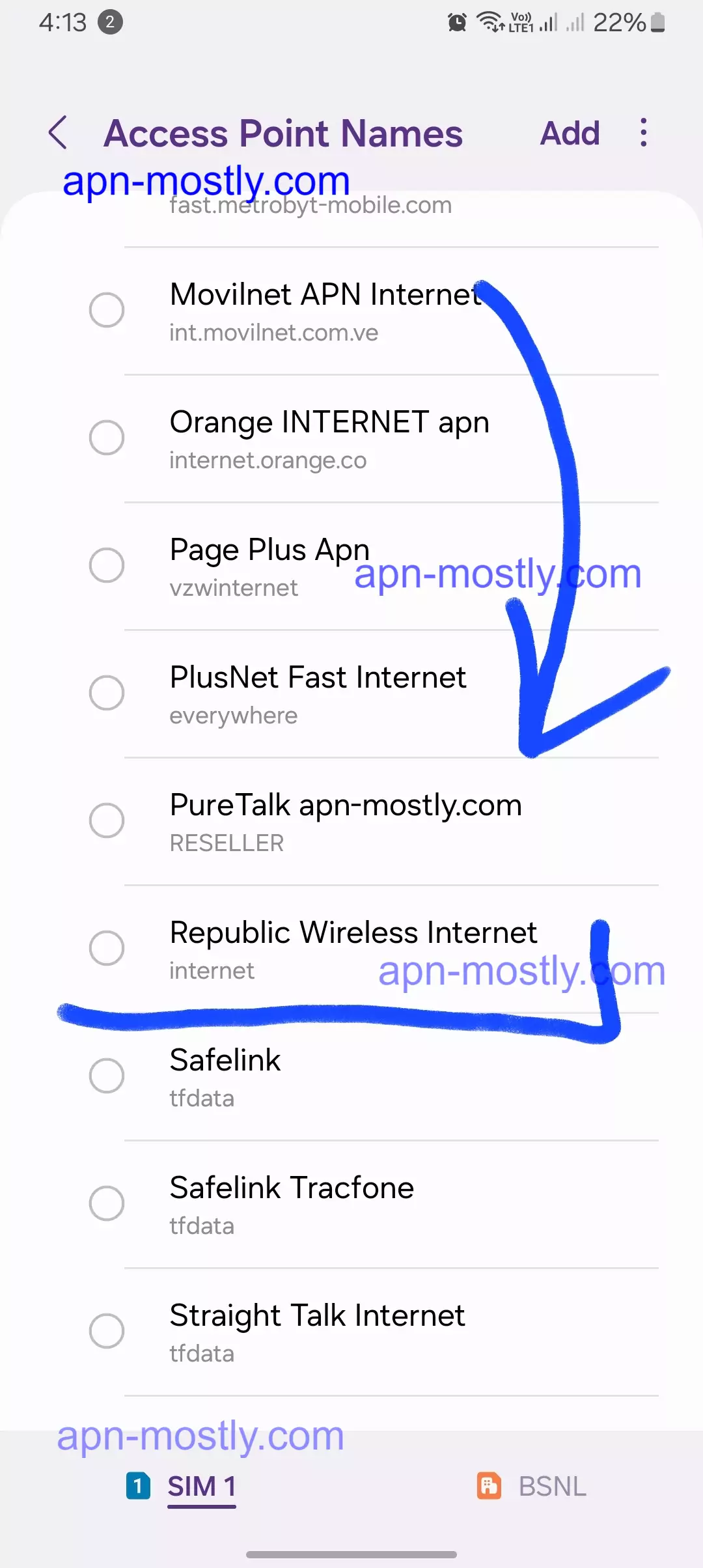 screenshot of all listed apns with highlighted republic wireless