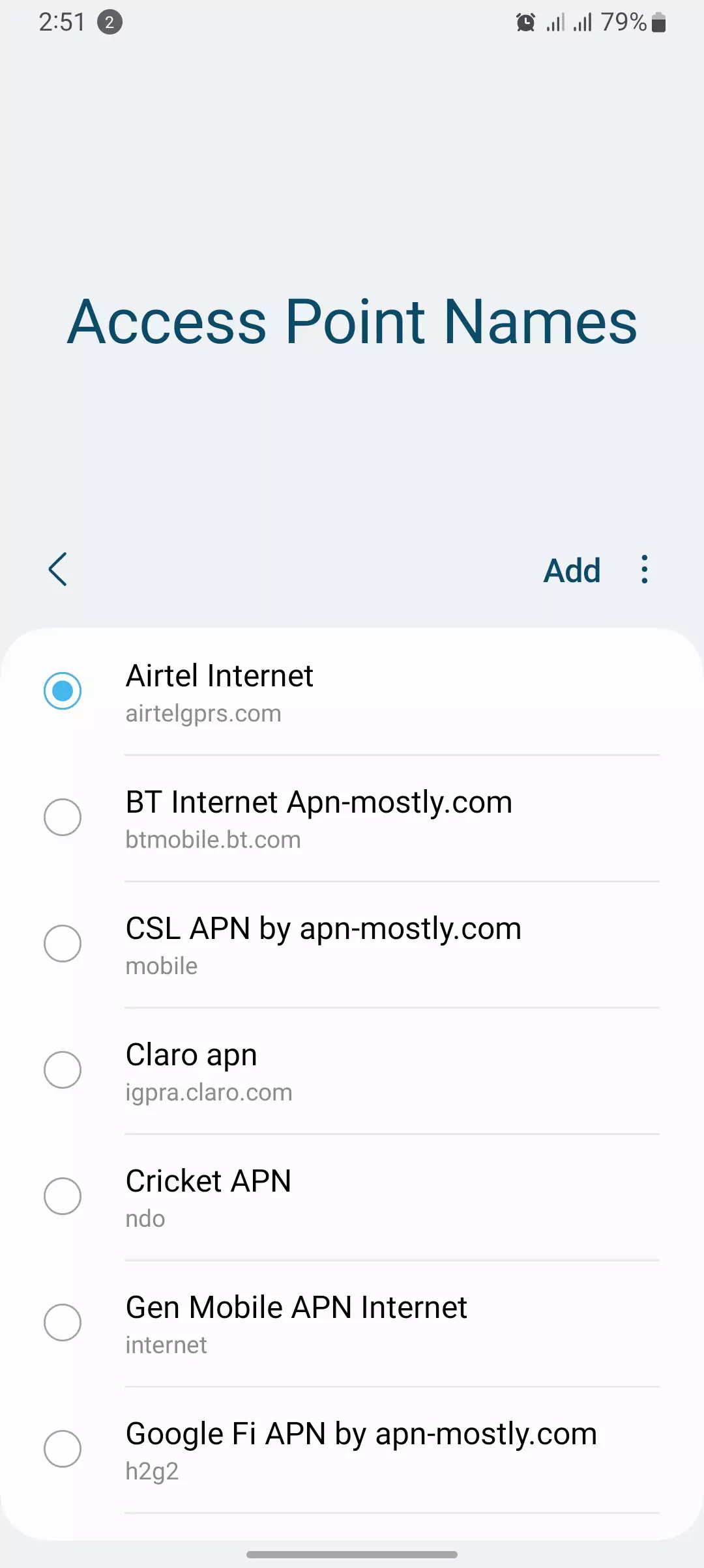 screenshot of changing apn settings to impact internet speed