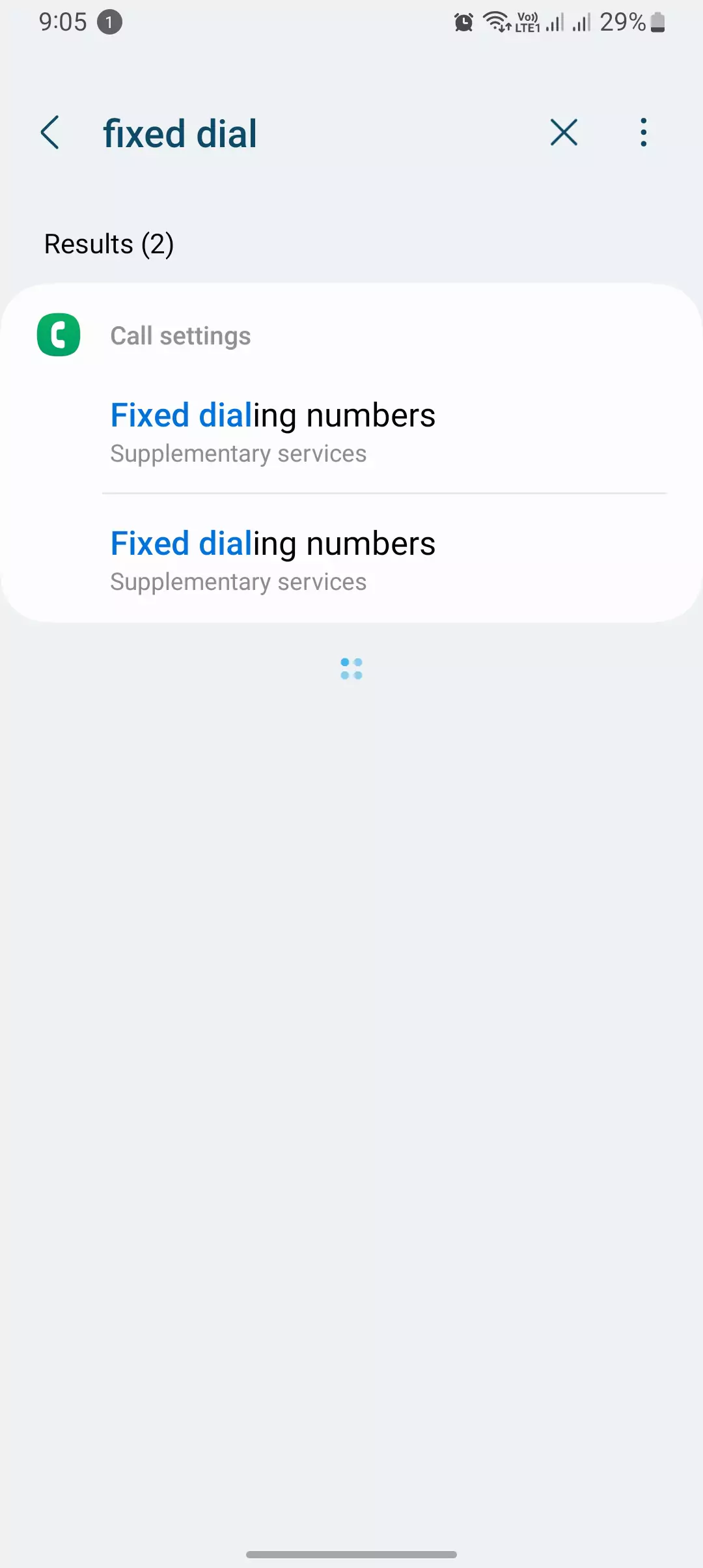 screenshot of fixed dial number searched in mobile settings