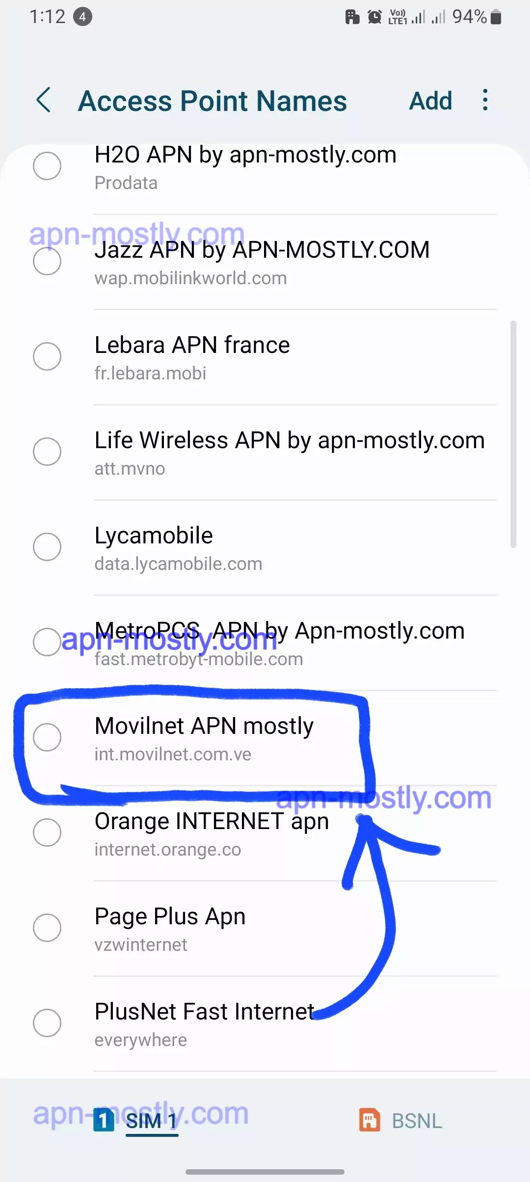 screenshot of highlighted movilnet internet config apn