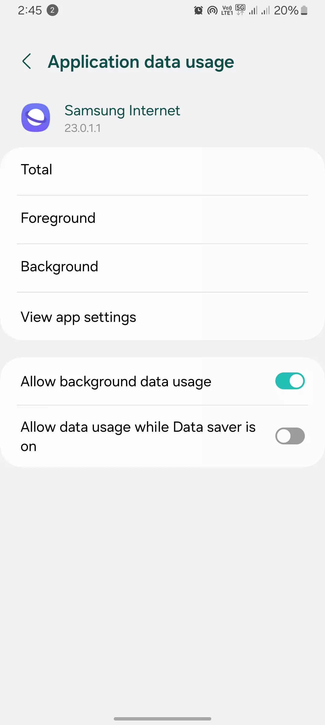 allow background data usage is turned on for samsung internet screenshot