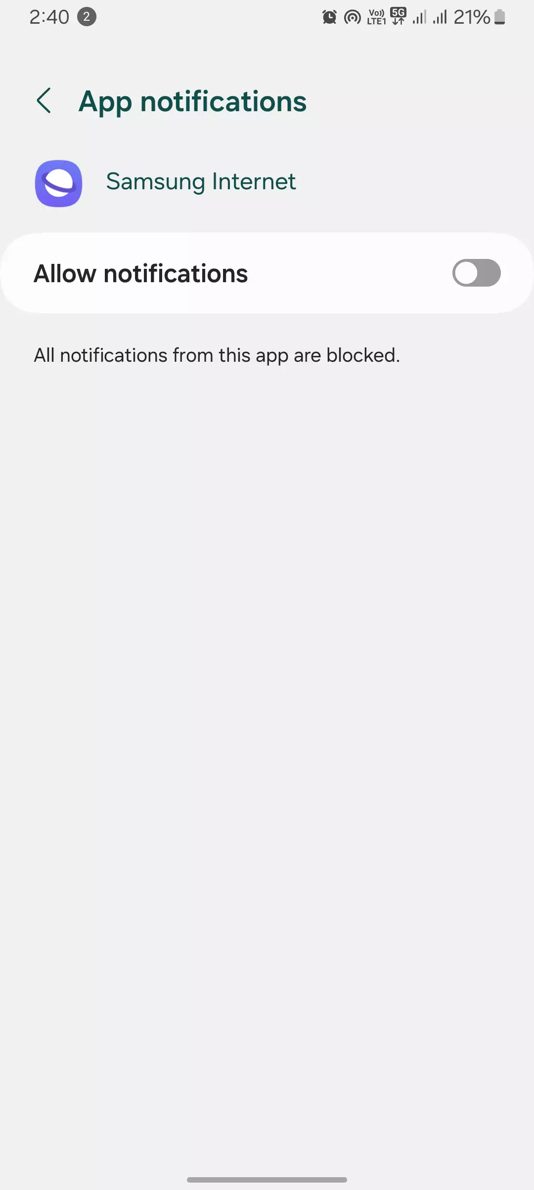 allow notifications turned off for samsung internet app