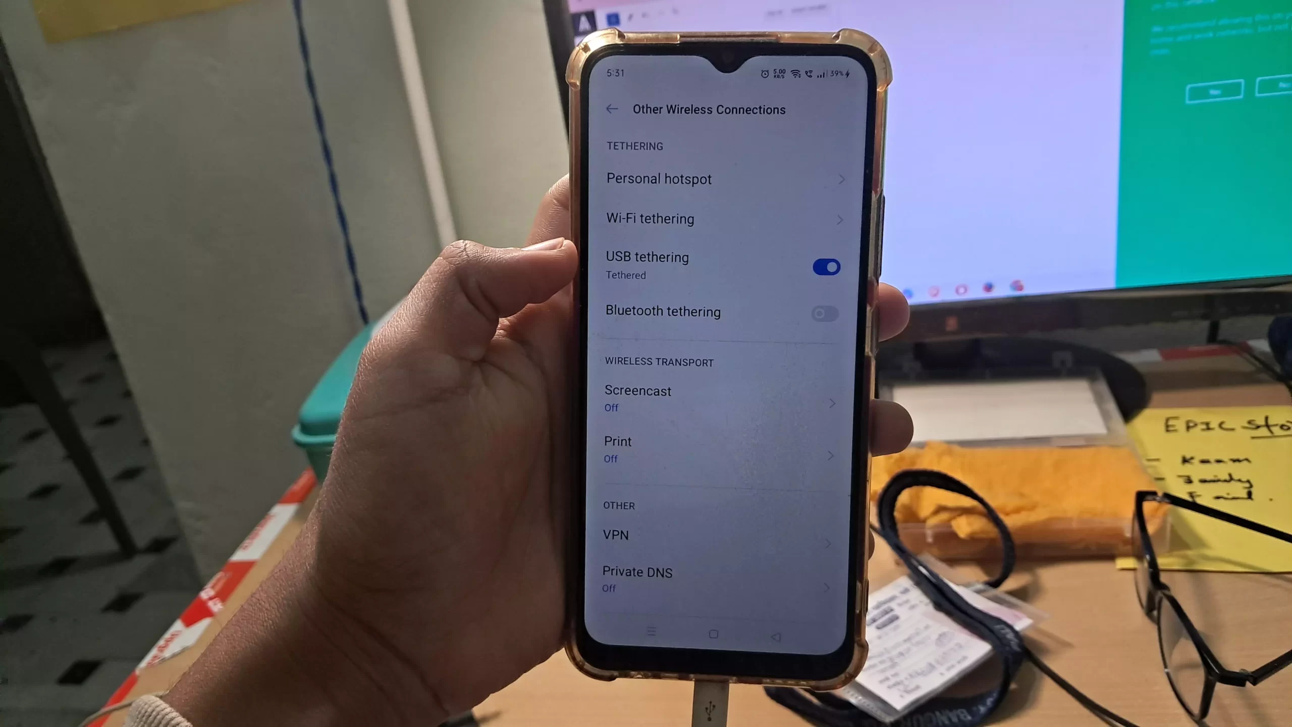 other wireless connections with usb tethering turned onn in hands on android