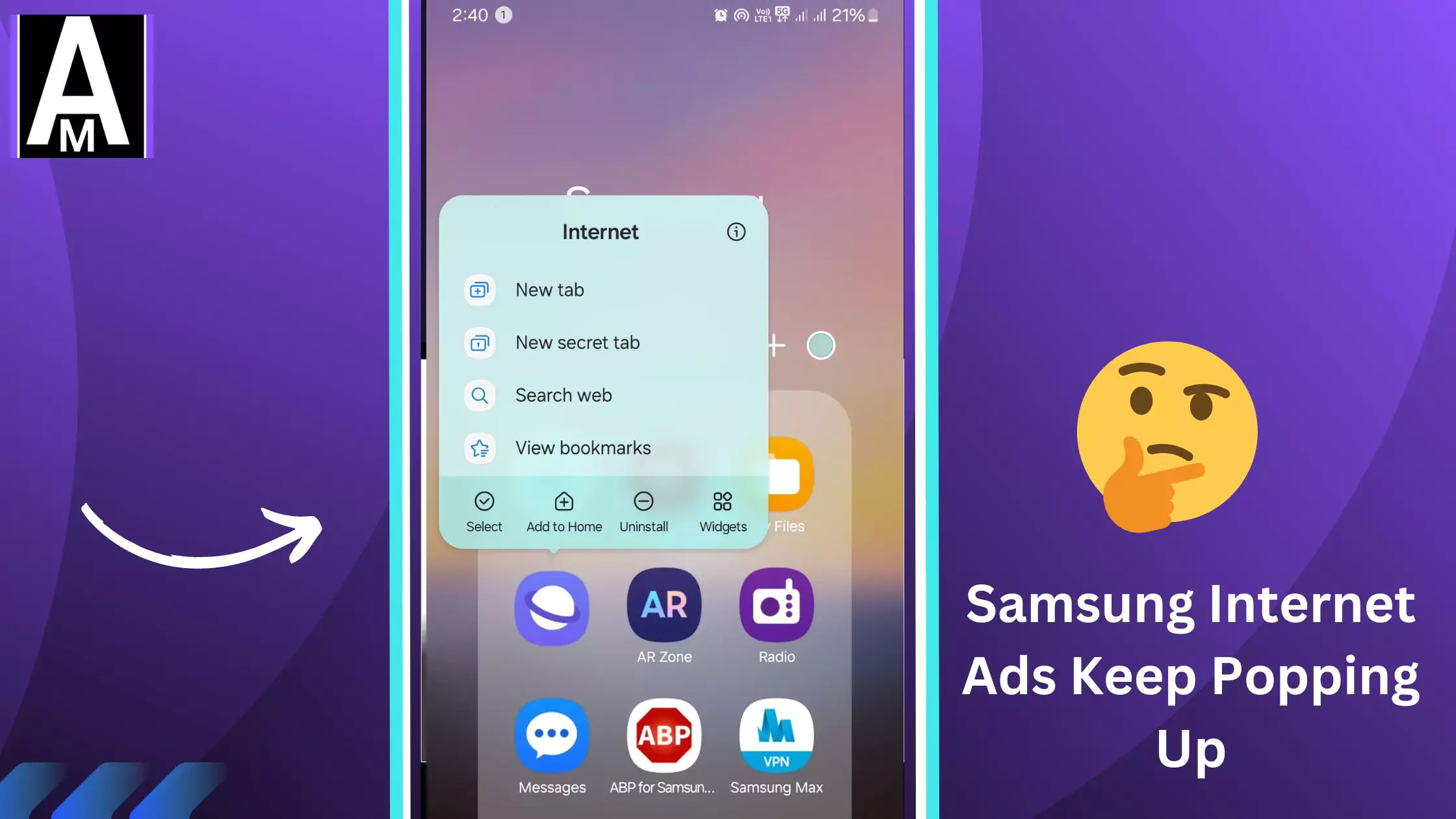 sasmung internet app info menu with overlay text Samsung Internet Ads Keep Popping Up