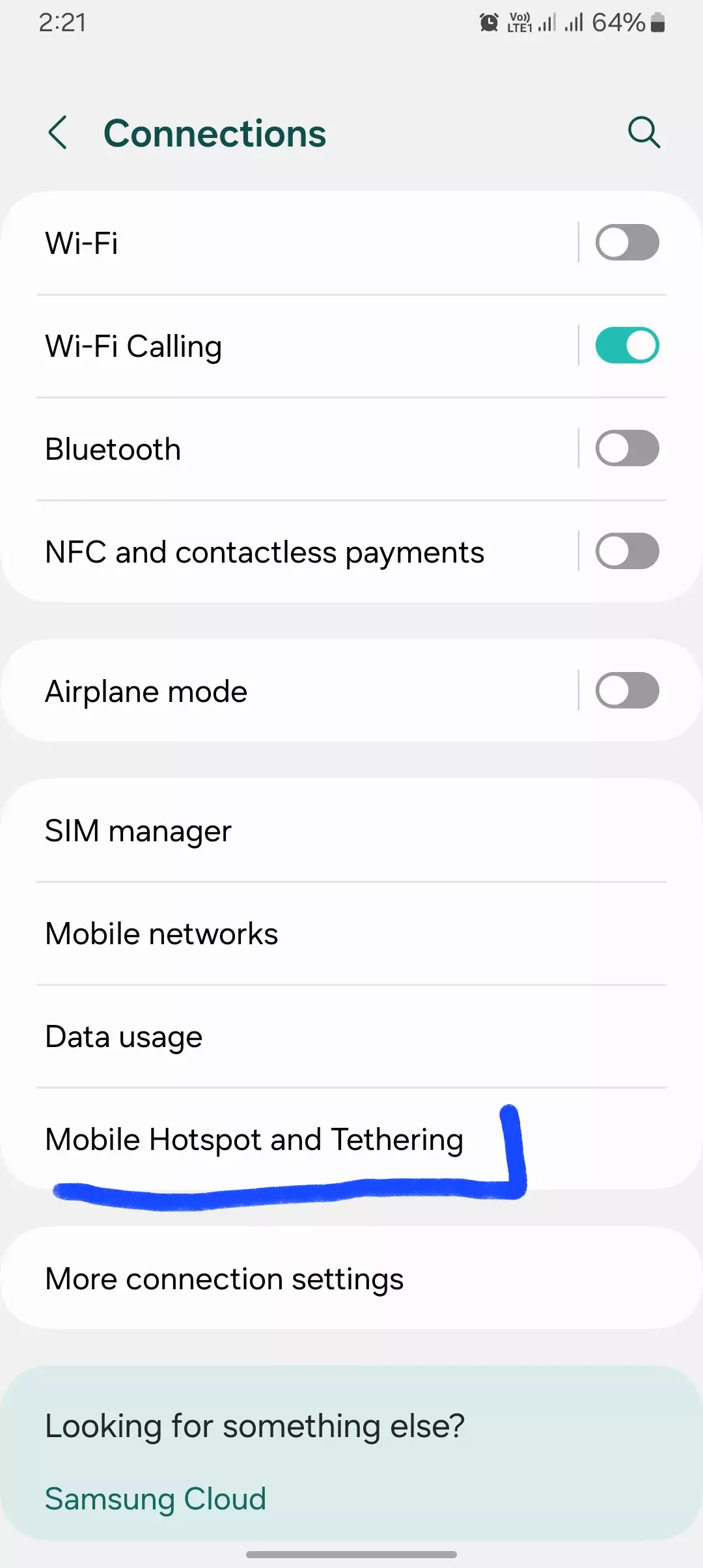 screenshot of mobile hotspot and tethering option highlighted