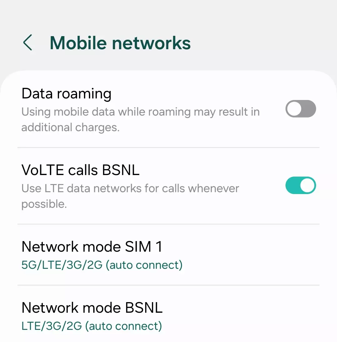 turned off data roaming screenshot with volte calls and network mode