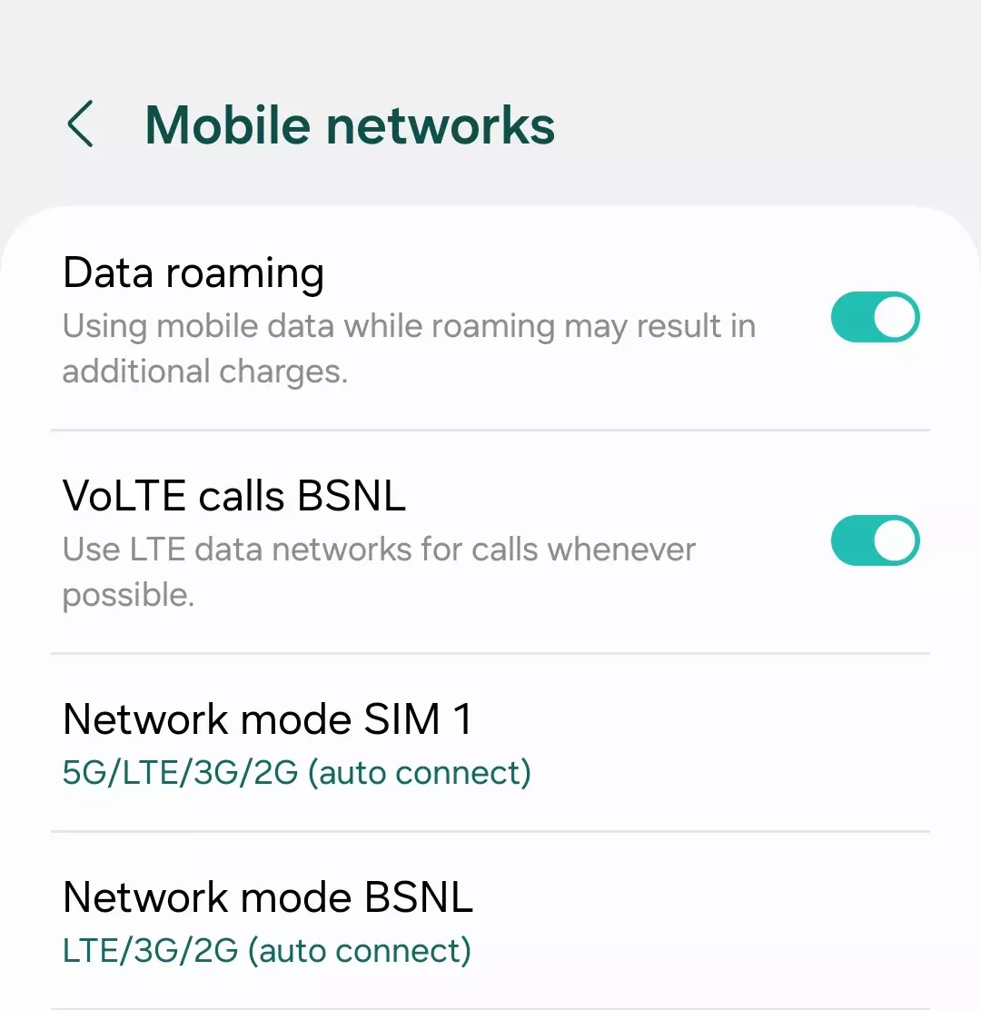 turned on data roaming screenshot with volte calls and network mode