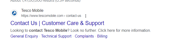 screenshot of contact us from tesco mobile google