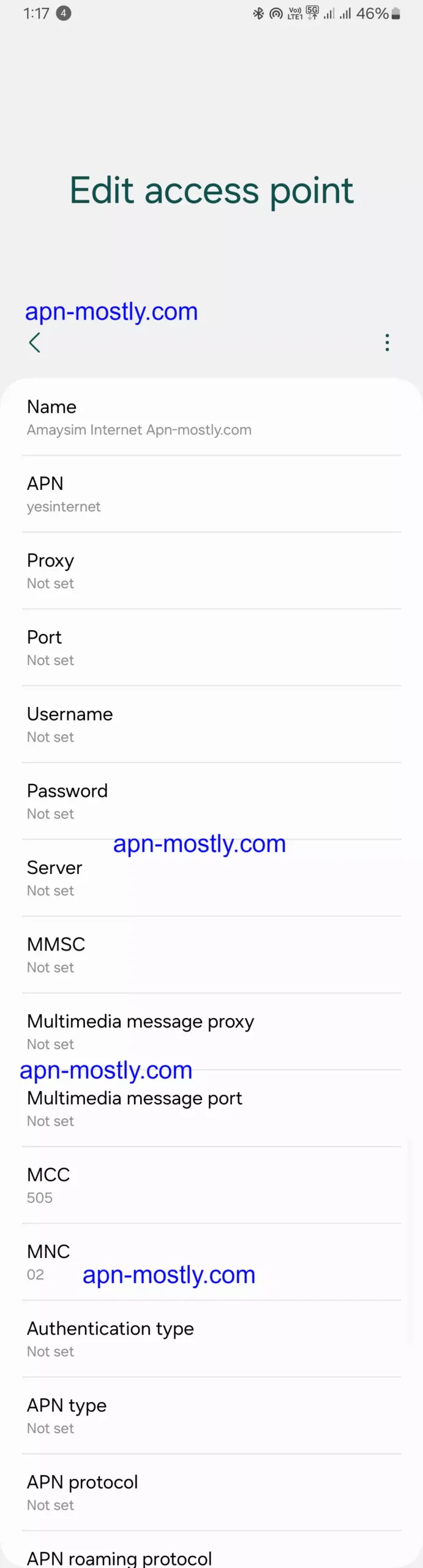 long full screenshot of amaysim internet configuration