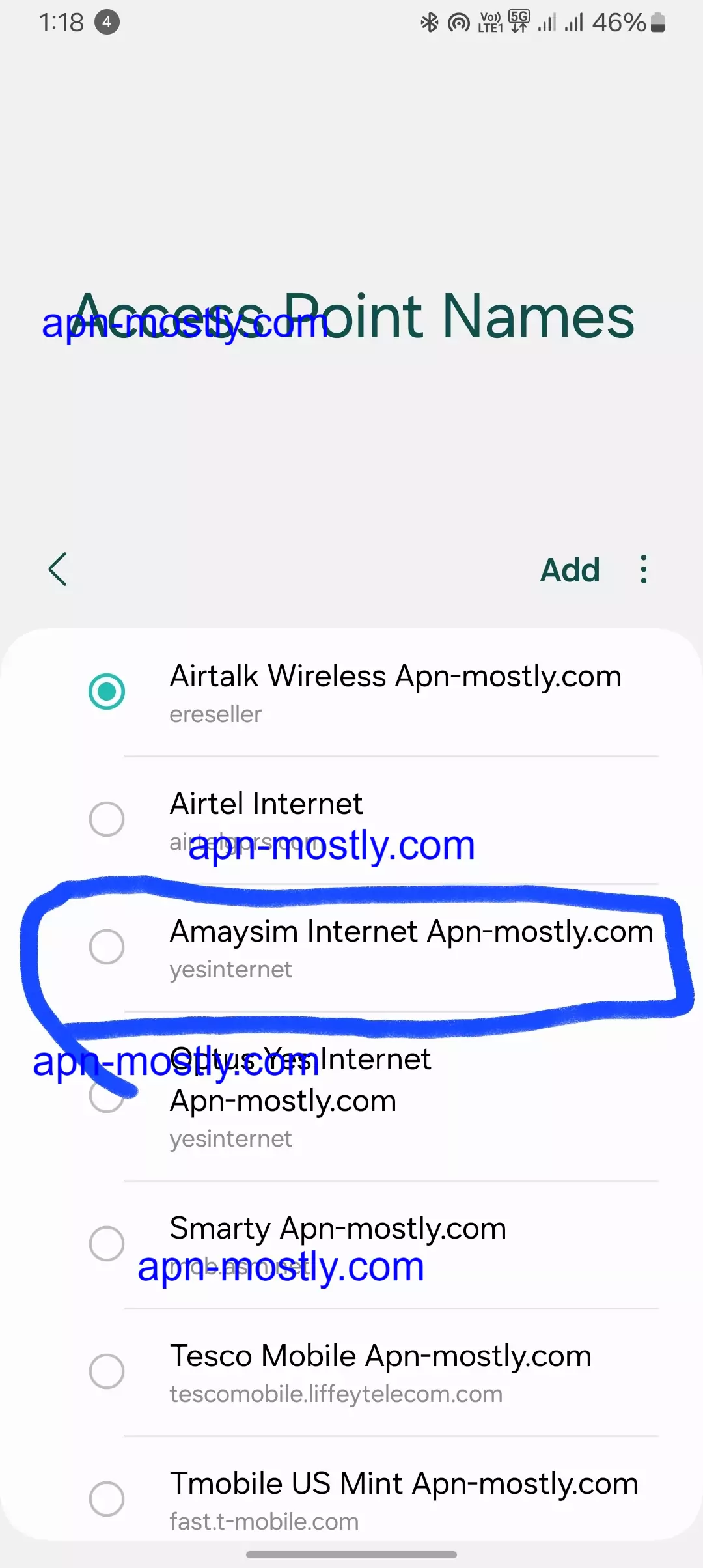 screenshot of highlighted apn for amaysim from access point names menu