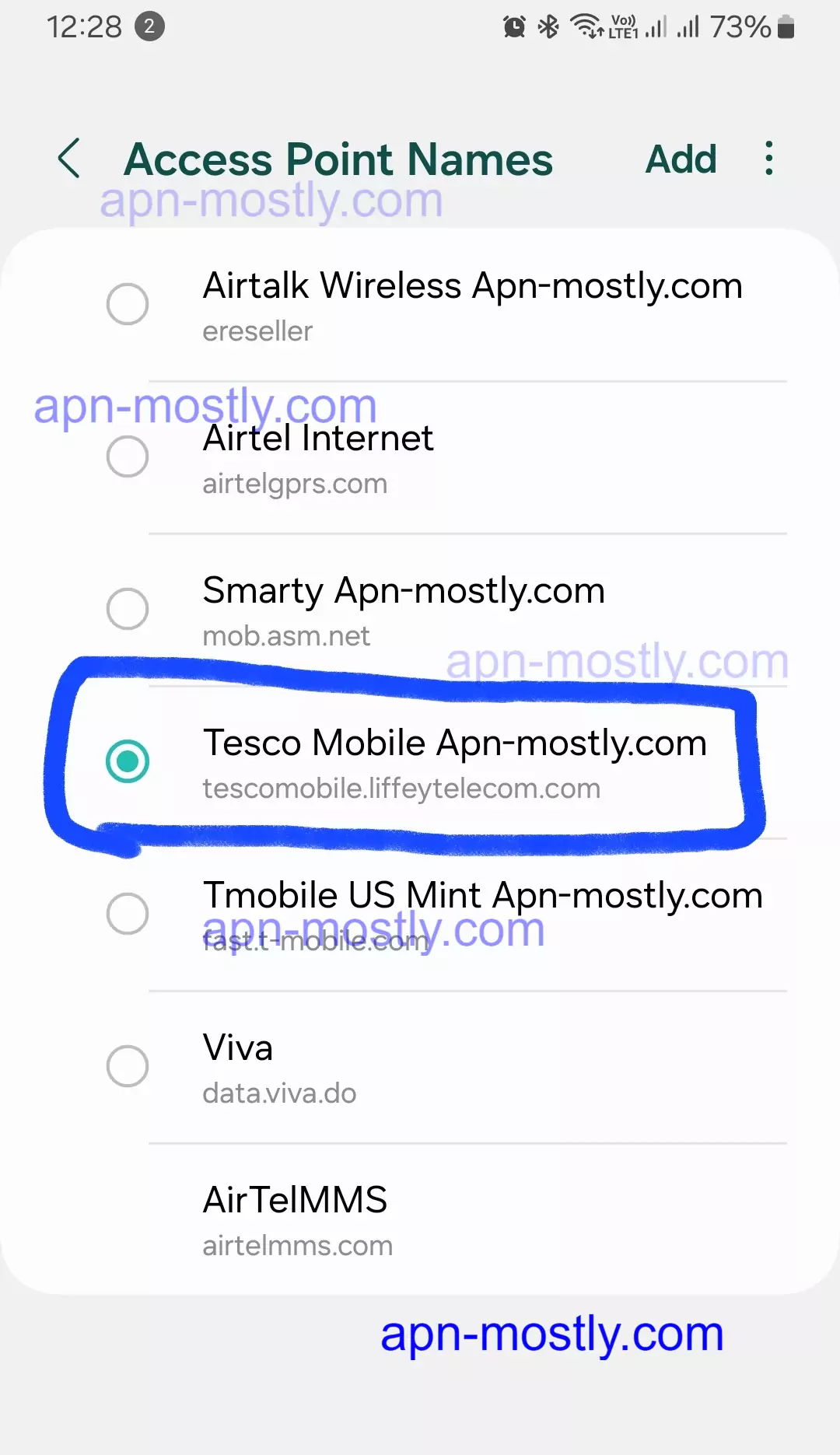 screenshot of highlighted tesco apn