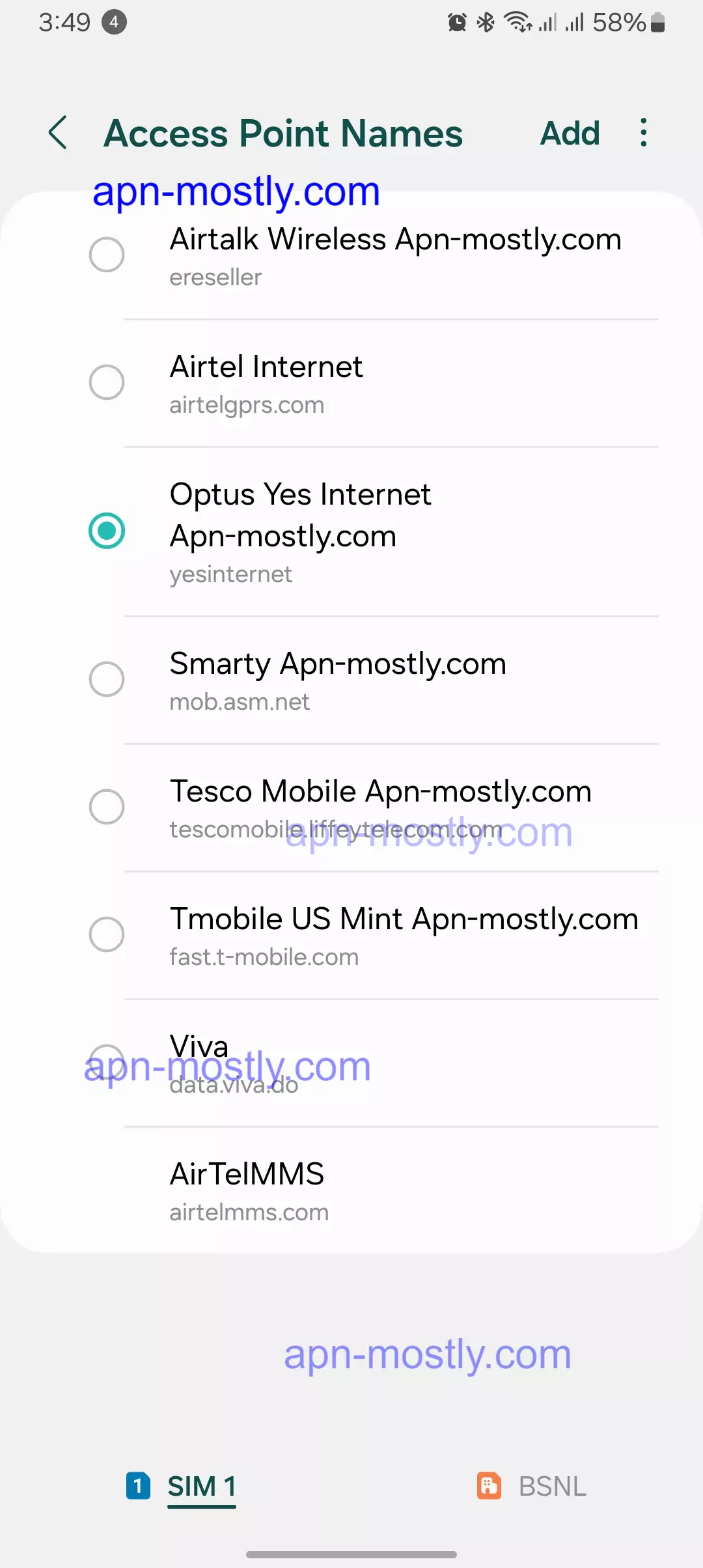 screenshot of optus apn settings selected from the apn menu