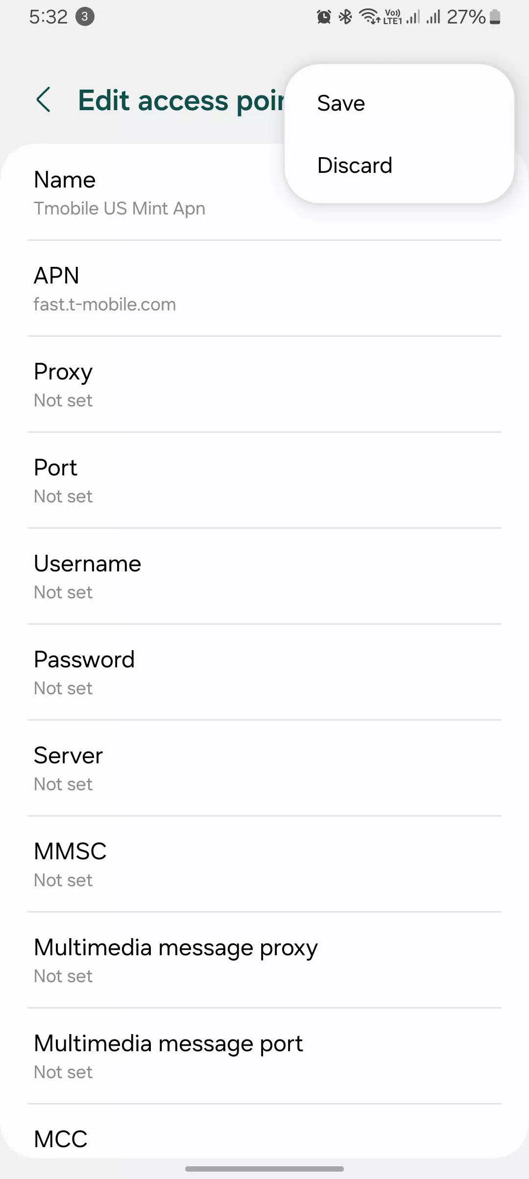 screenshot of saving mint access point name settings