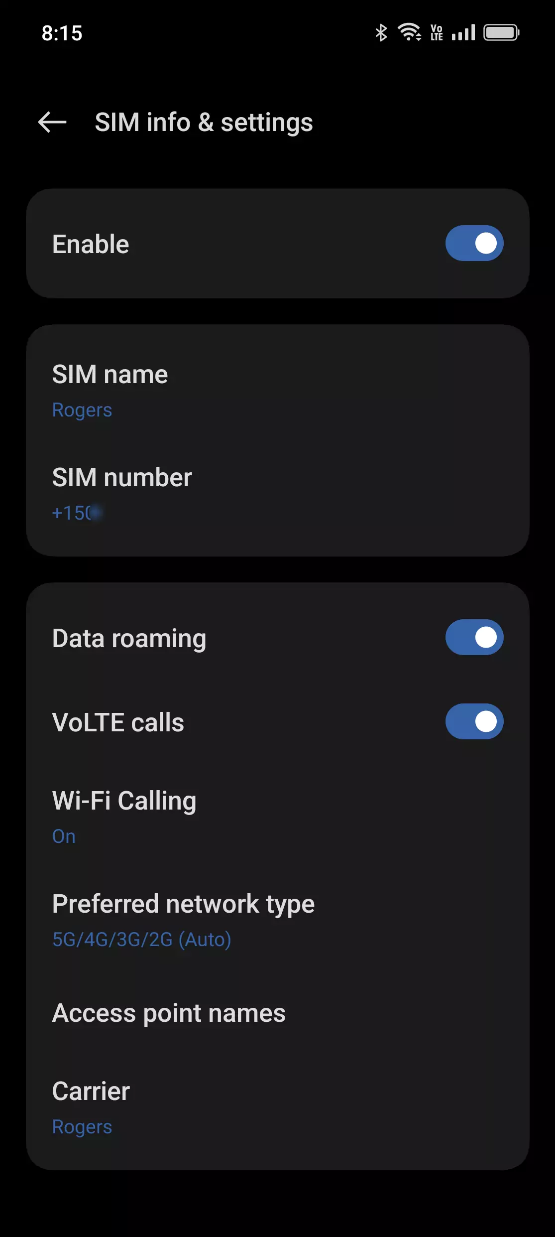 screenshot of volte calls on oneplus device settings
