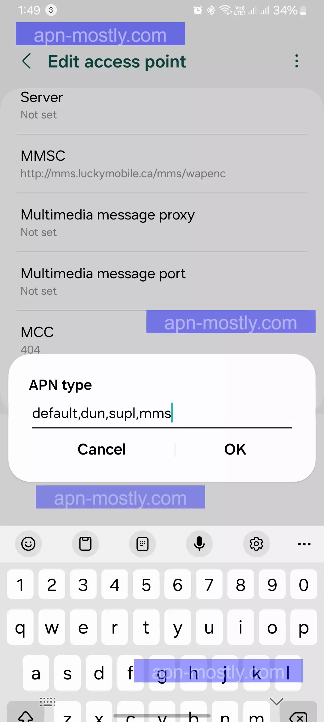 adding the apn type for the apn on android