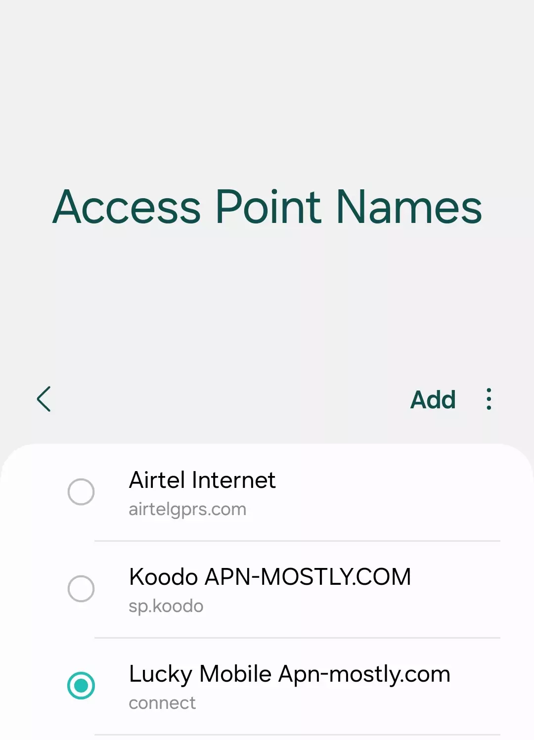 cropped ss of access point names for lucky mobile