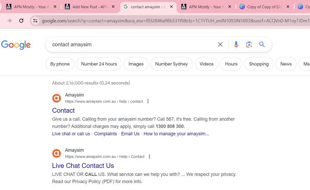 screenshot of amaysim contact searched on google