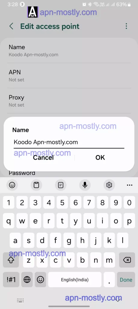 screenshot of a koodo apn naming it from android